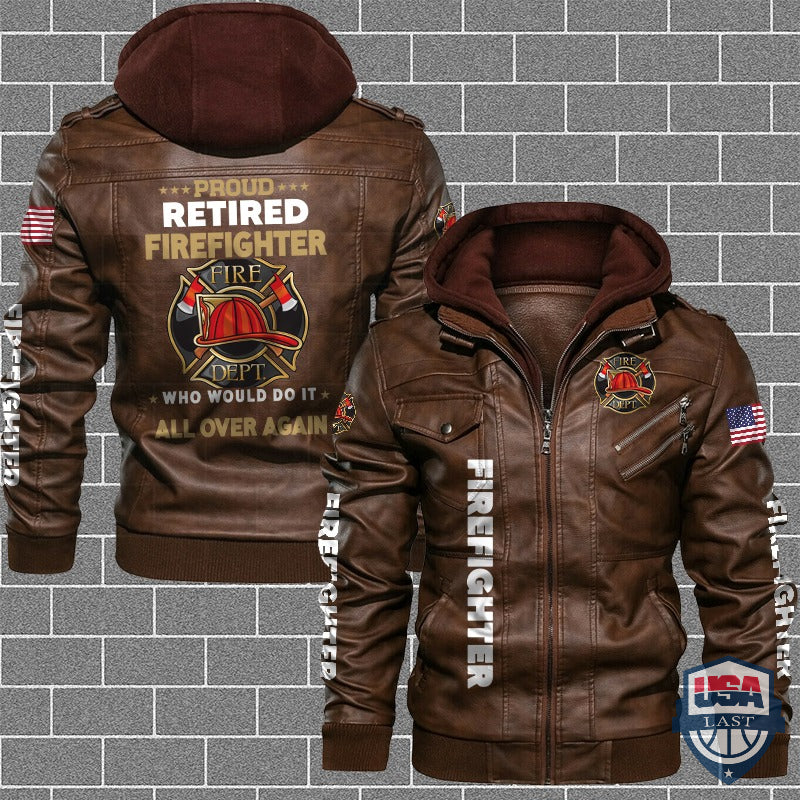 Proud Retired Firefighter US Flag Leather Jacket - HVsun