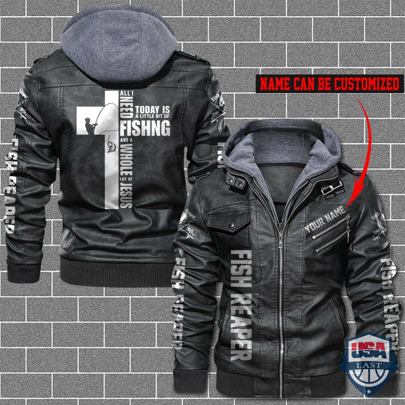 Personalized A Little Bit of Fishing And Whole of Jesus Leather Jacket - HVsun