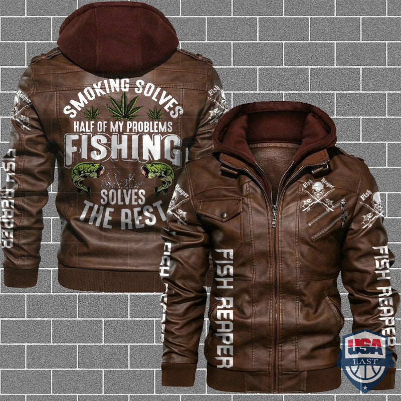 Smoking Solves Half Of My Problems Fishing Solves The Rest Leather Jacket - HVsun