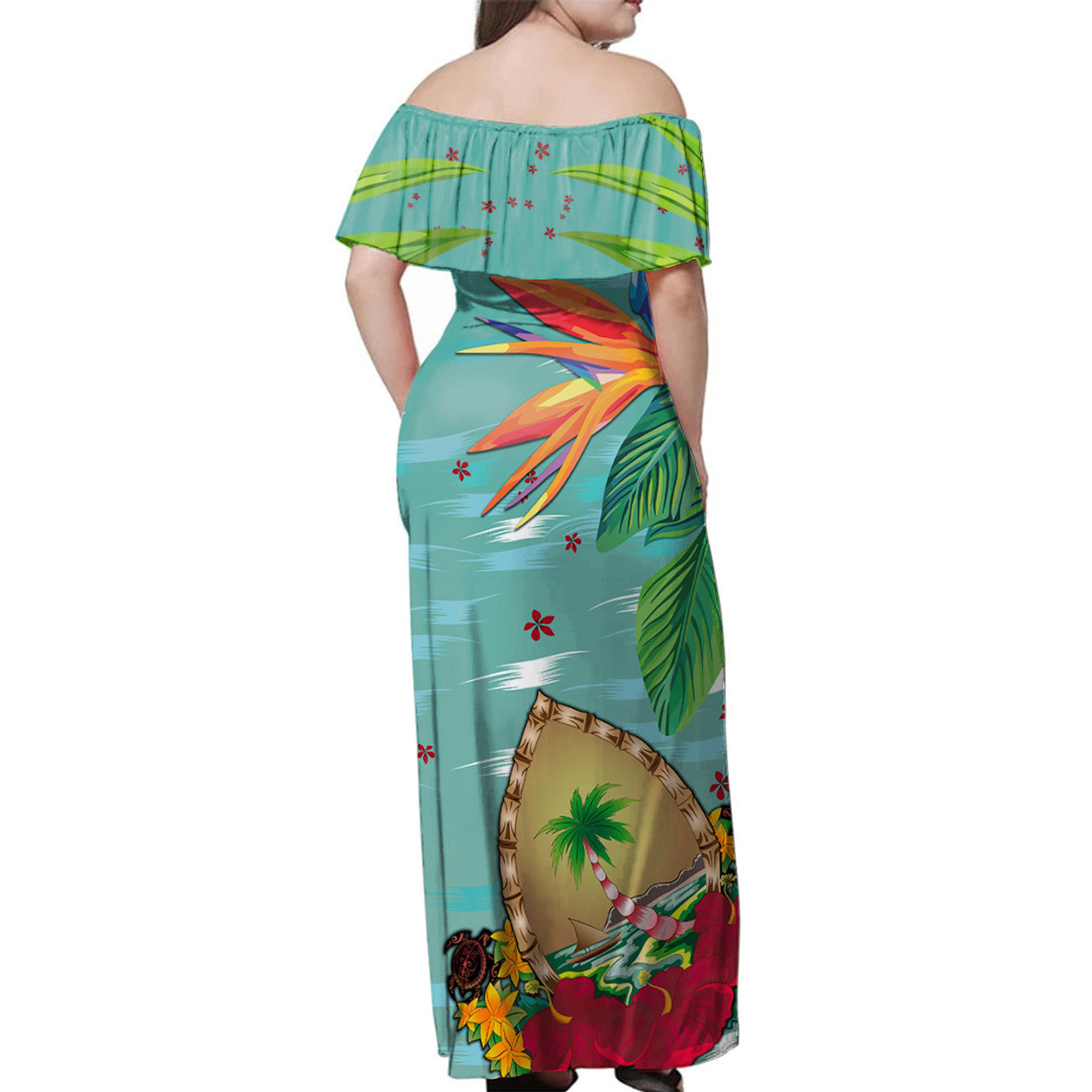 Guam Woman Off Shoulder Long Dress Latte Stones Hibiscus
