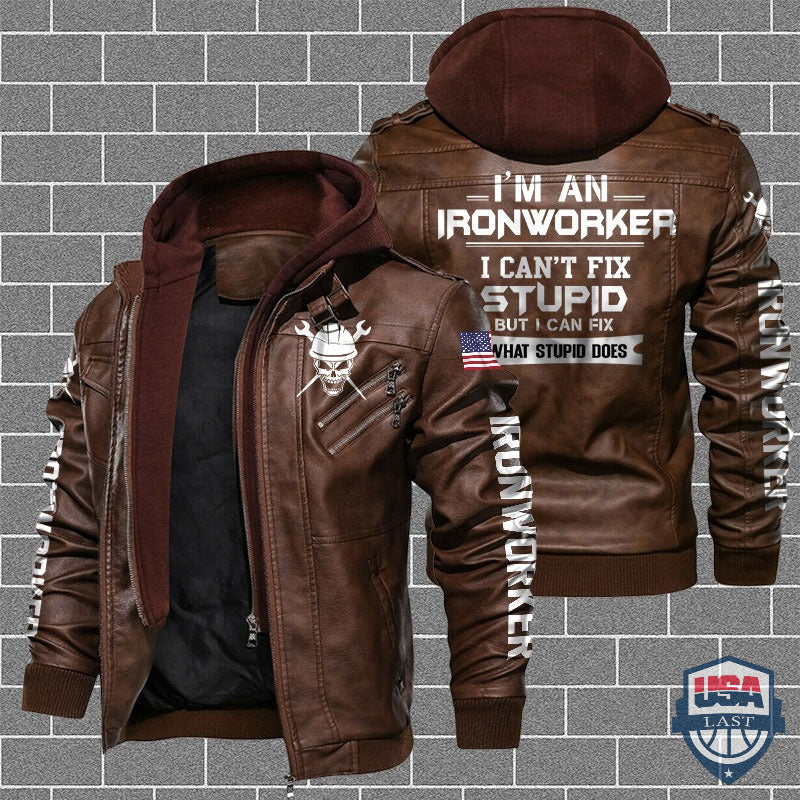Ironworker Fix What Stupid Does US Flag Leather Jacket - HVsun