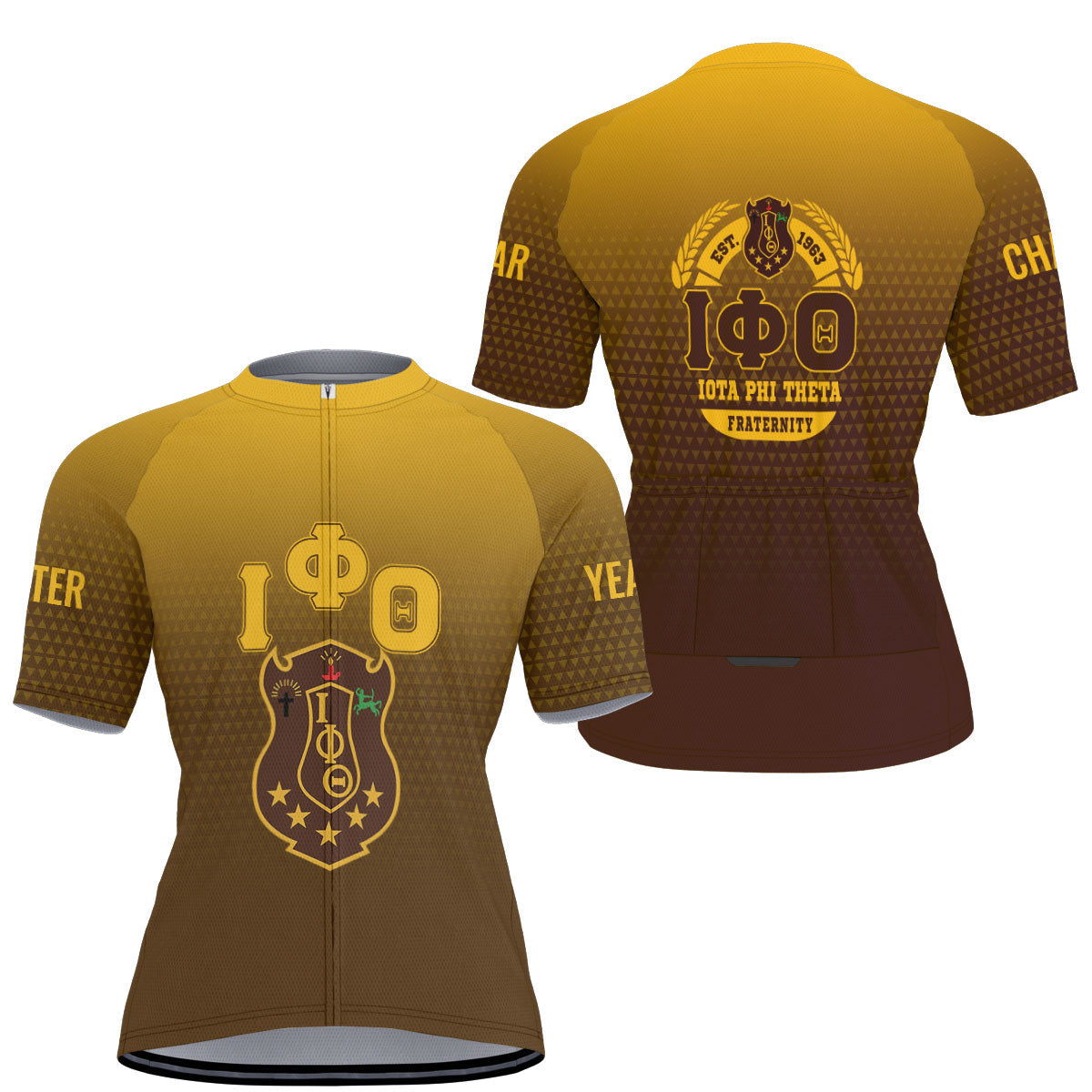 Iota Phi Theta Cycling Jersey Custom Charcoal Brown Gold Gradient Triangle Style