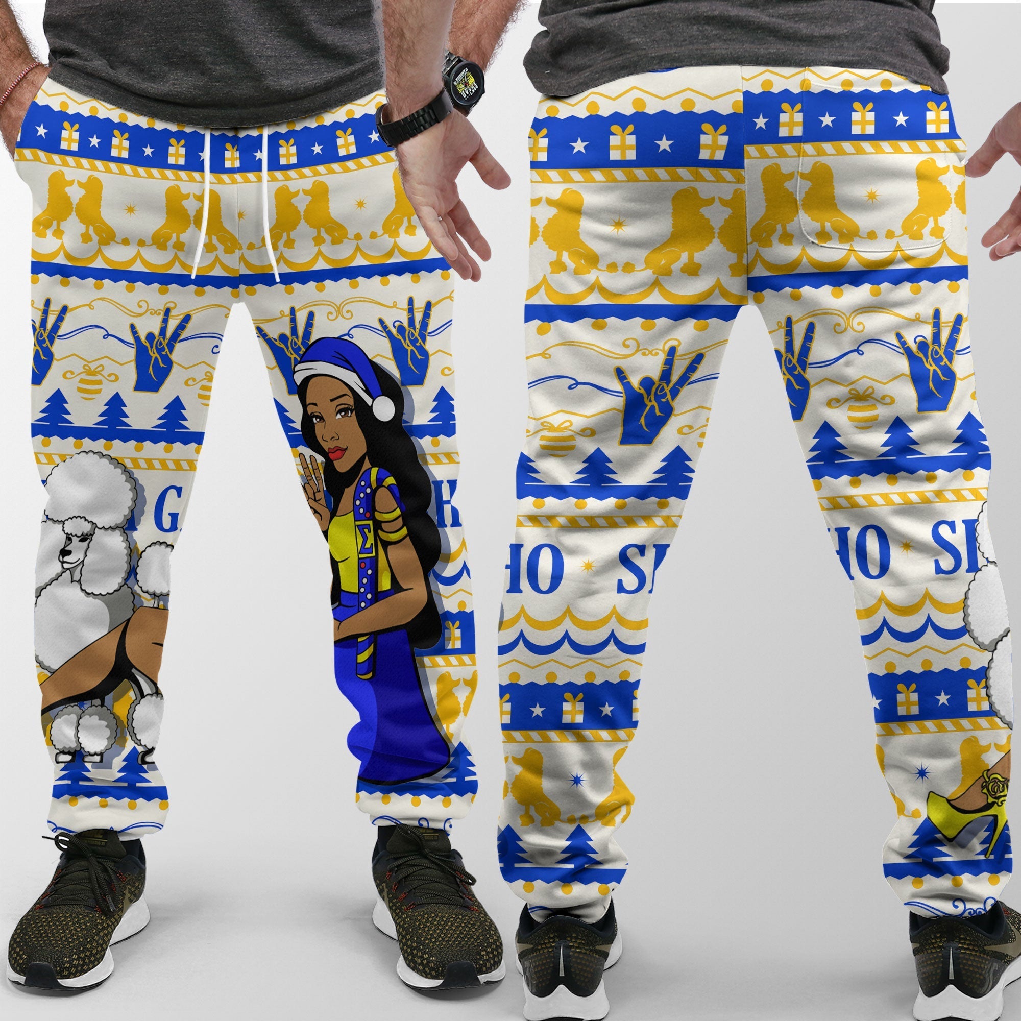 Sorority Pant - Sigma Gamma Rho Christmas Jogger Pant Woman Walking Poodle Style