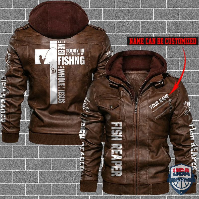 Personalized A Little Bit of Fishing And Whole of Jesus Leather Jacket - HVsun