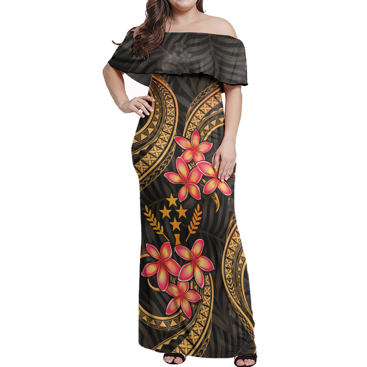 Kosrae Woman Off Shoulder Long Dress Polynesian Gold Plumeria