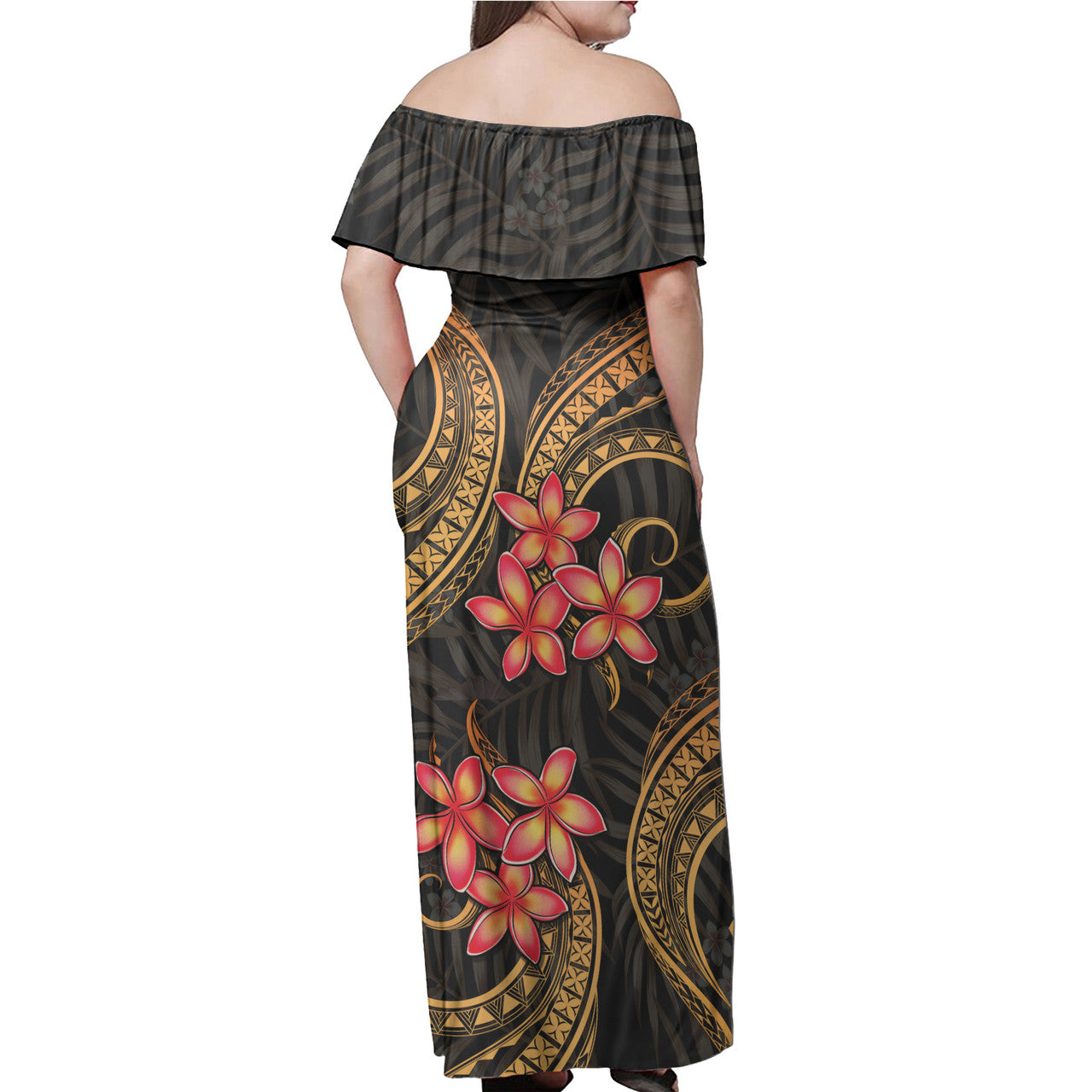 Kosrae Woman Off Shoulder Long Dress Polynesian Gold Plumeria