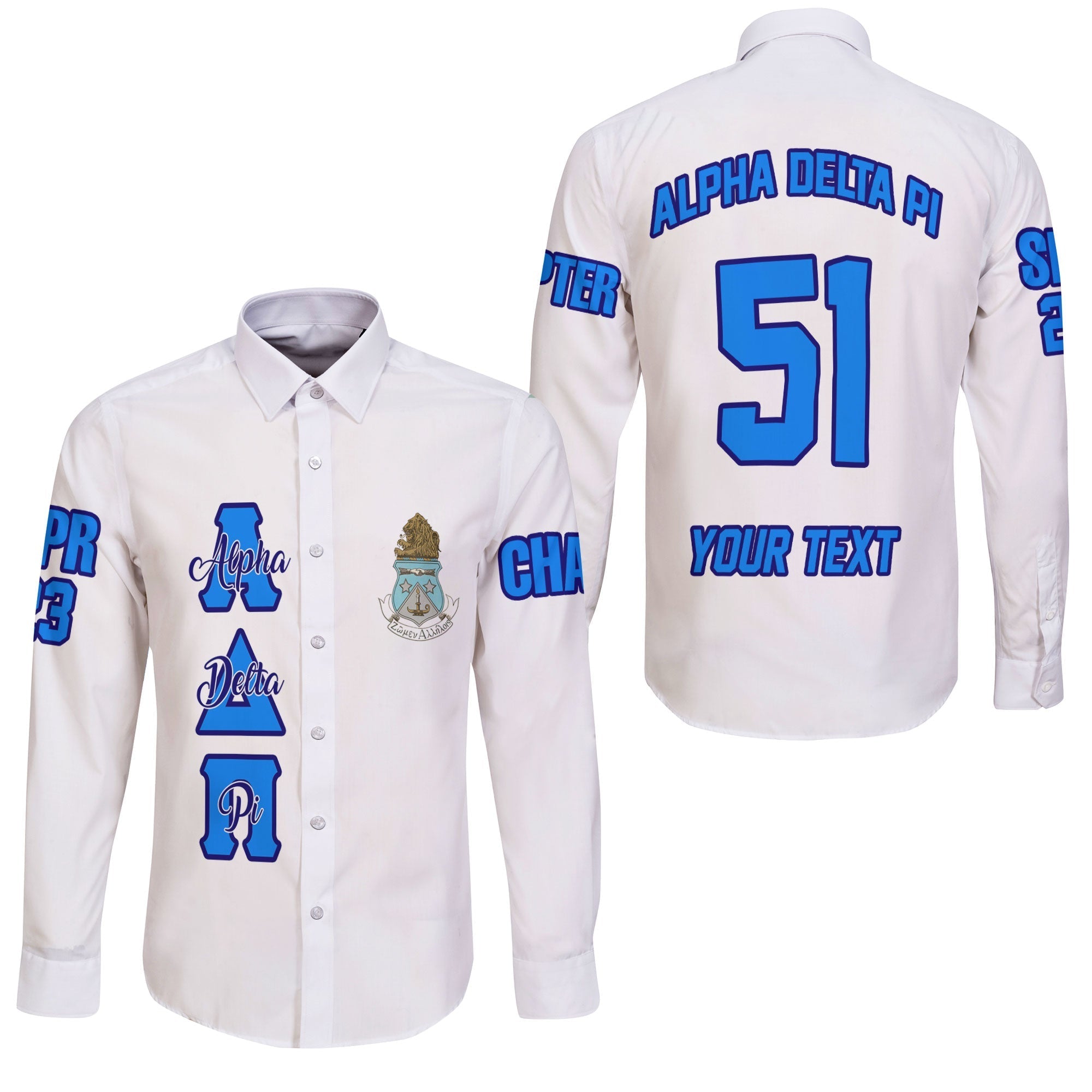 Sorority Shirt - Personalized Alpha Delta Pi Long Sleeve Button Shirt Original White Style