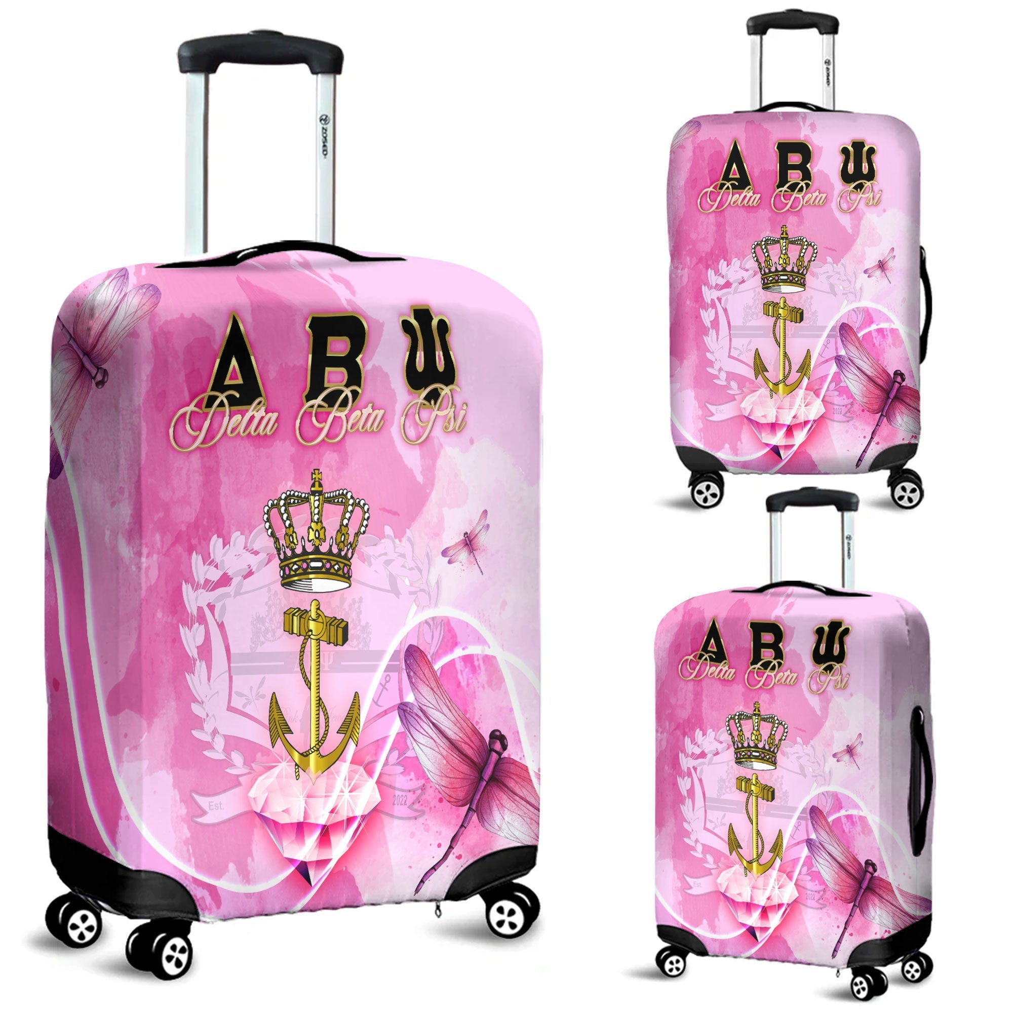 Sorority Luggage Cover - Delta Beta Psi Travel Suitcase Pink Dragonfly Style