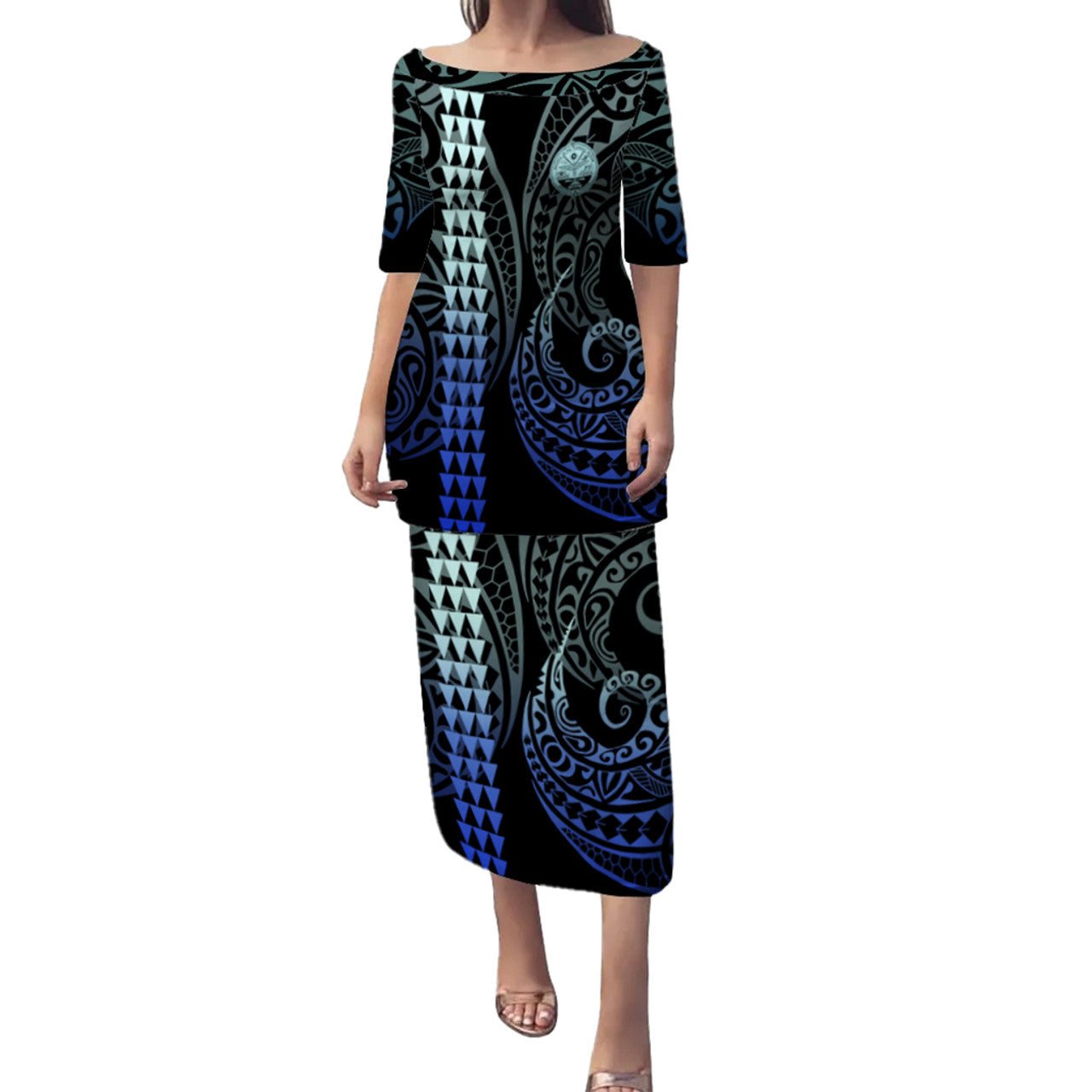 Marshall Islands Puletasi Kakau Style Gradient Blue
