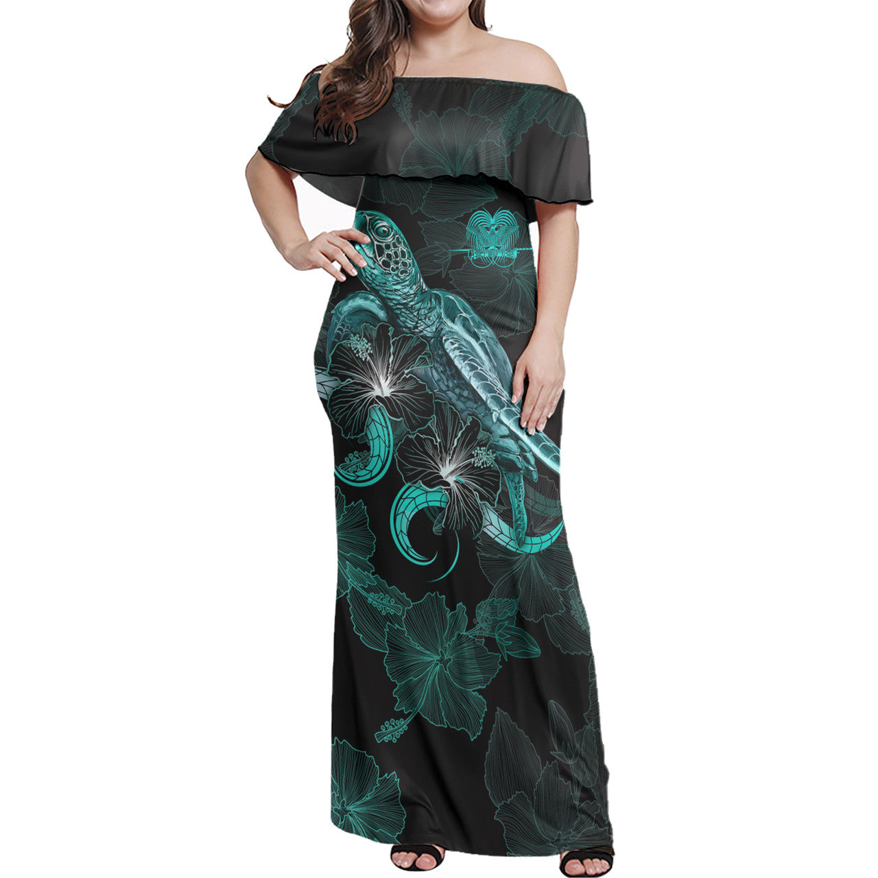 PNG Off Shoulder Long Dress - Custom PNG Coat Of Arms With Turtle Blooming Hibiscus Turquoise