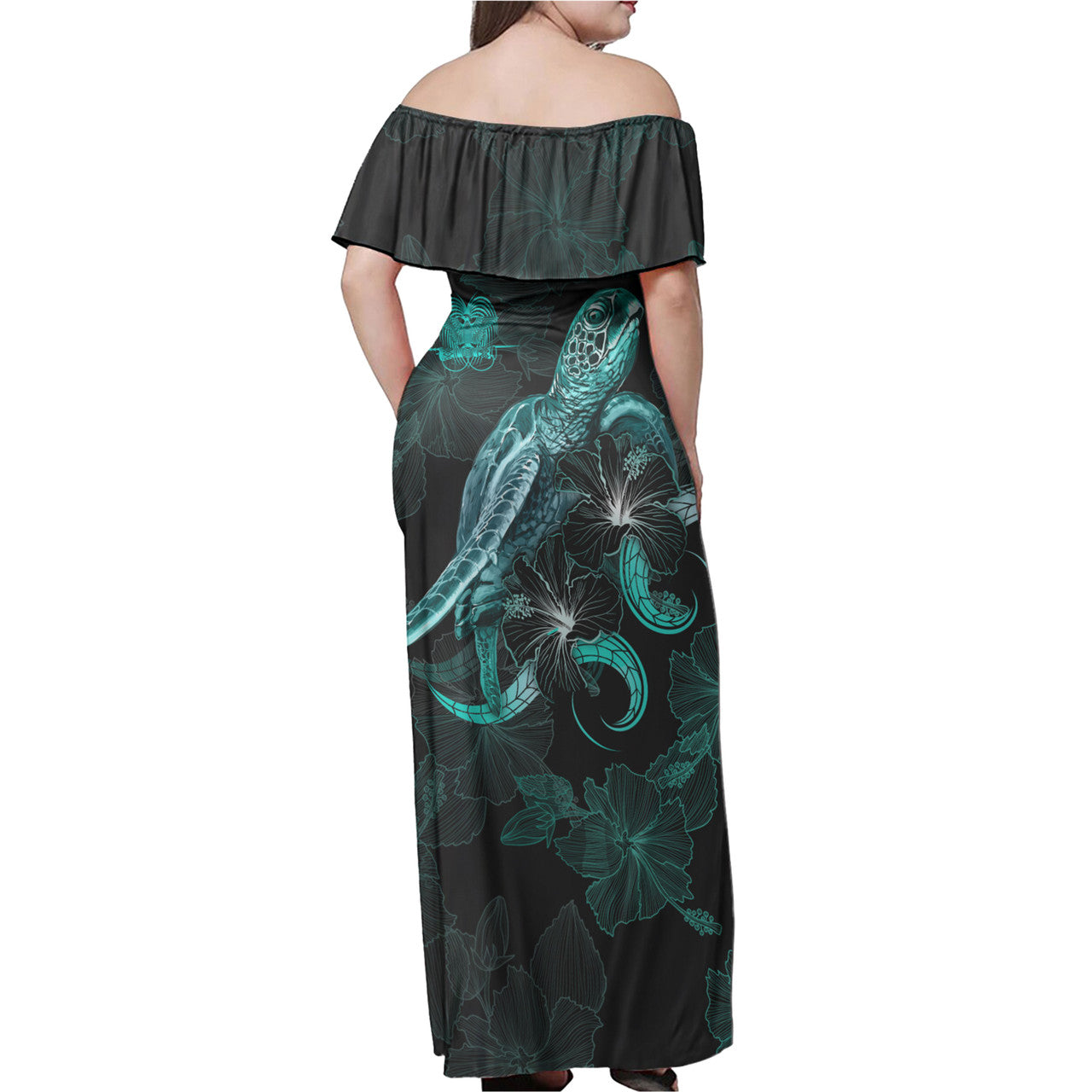 PNG Off Shoulder Long Dress - Custom PNG Coat Of Arms With Turtle Blooming Hibiscus Turquoise