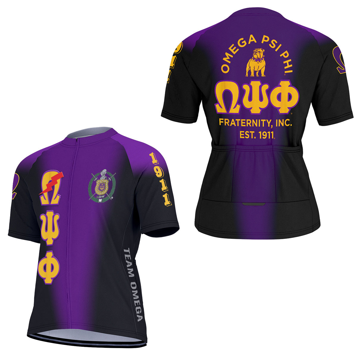 Omega Psi Phi Cycling Jersey Custom Purple Old Gold Spear Gradient Style