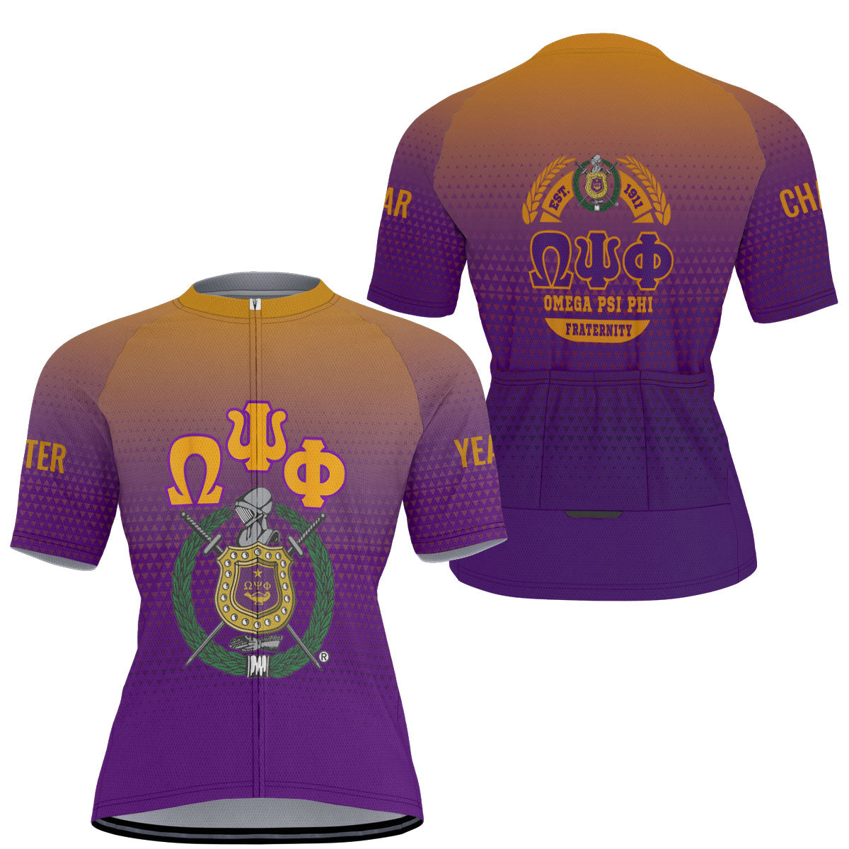Omega Psi Phi Cycling Jersey Custom Purple Gold Gradient Triangle Style