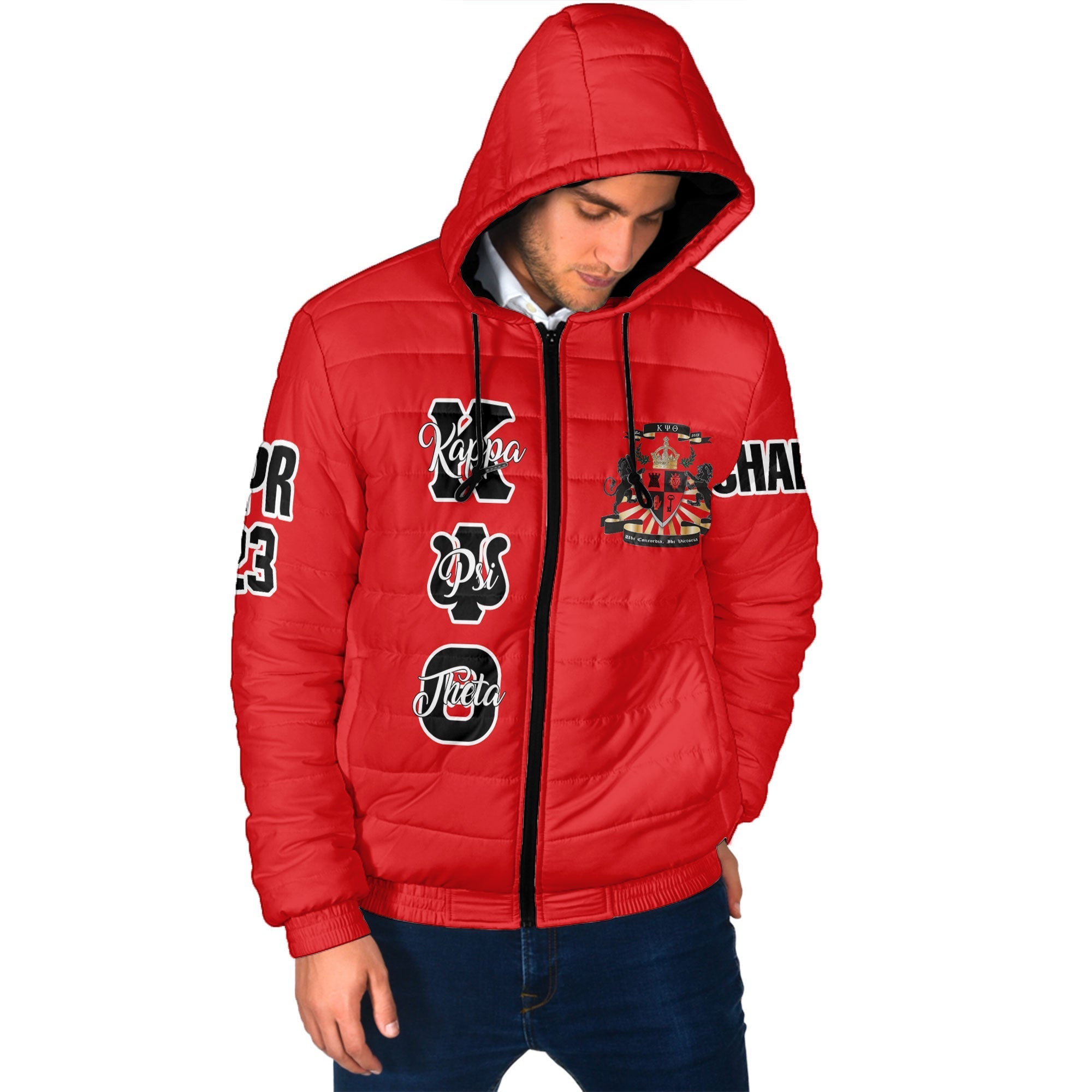 Fraternity Jacket - Personalized Kappa Psi Theta Men Hooded Padded Jacket Original Red Style