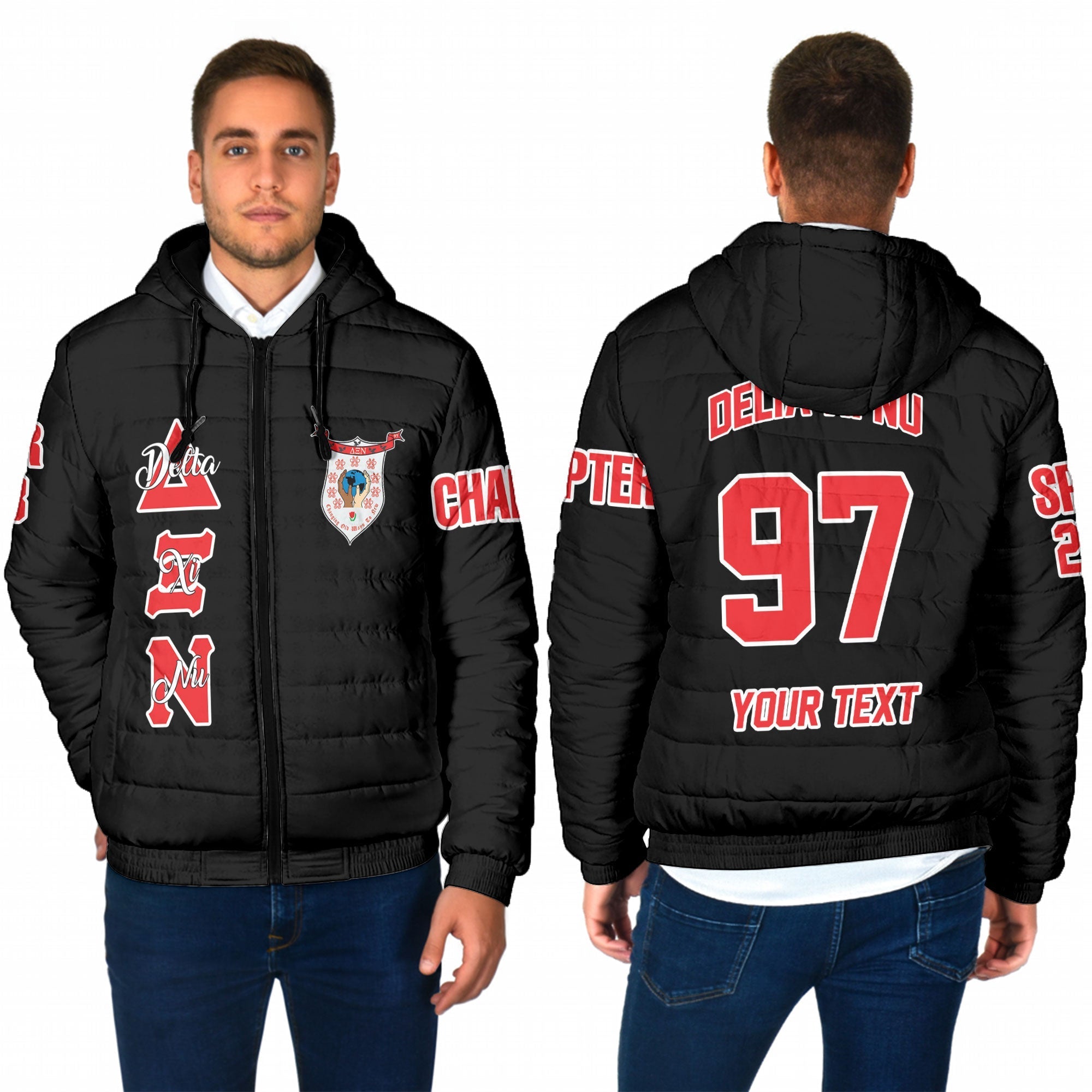 Sorority Jacket - Personalized Delta Xi Nu Men Hooded Padded Jacket Original Dark Style