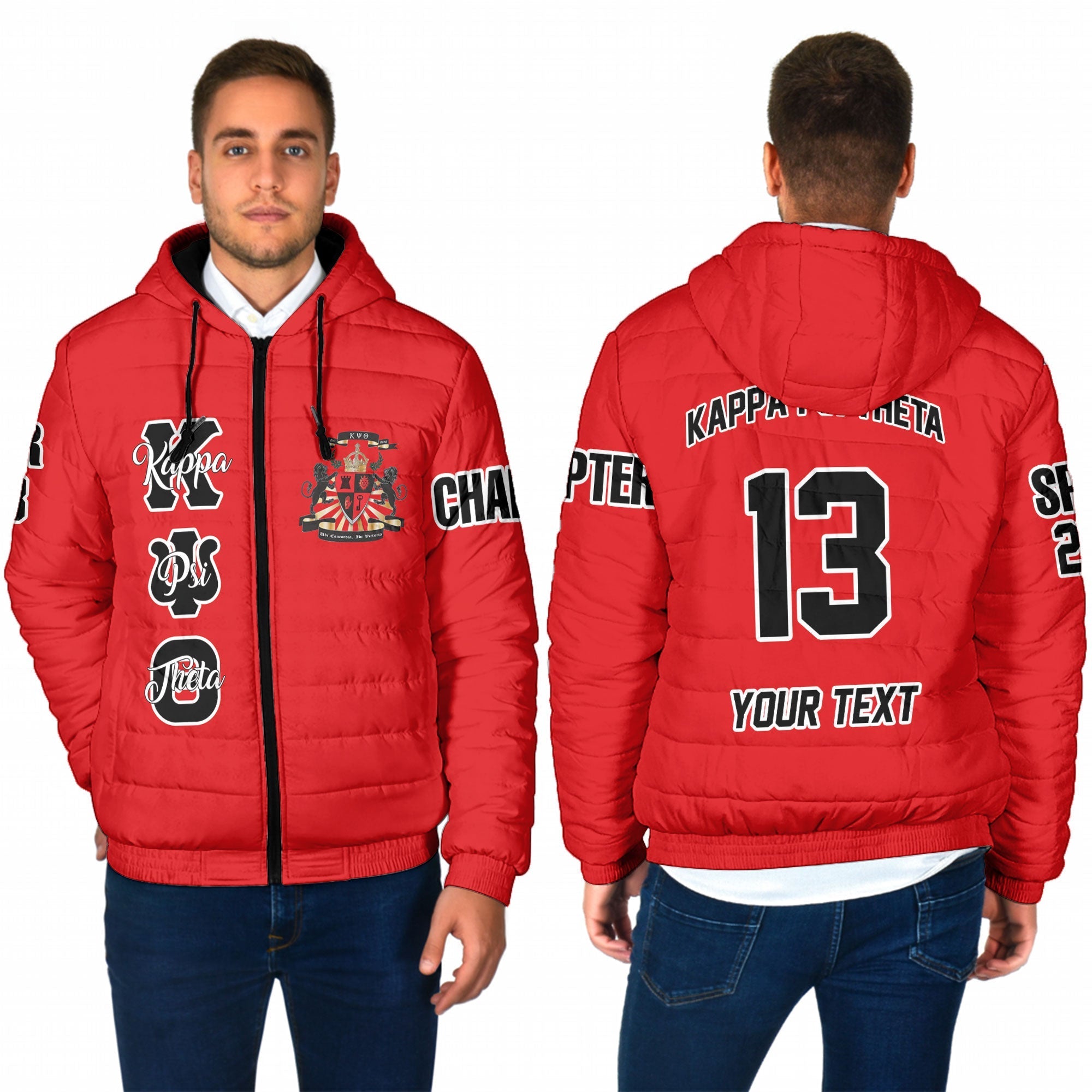 Fraternity Jacket - Personalized Kappa Psi Theta Men Hooded Padded Jacket Original Red Style
