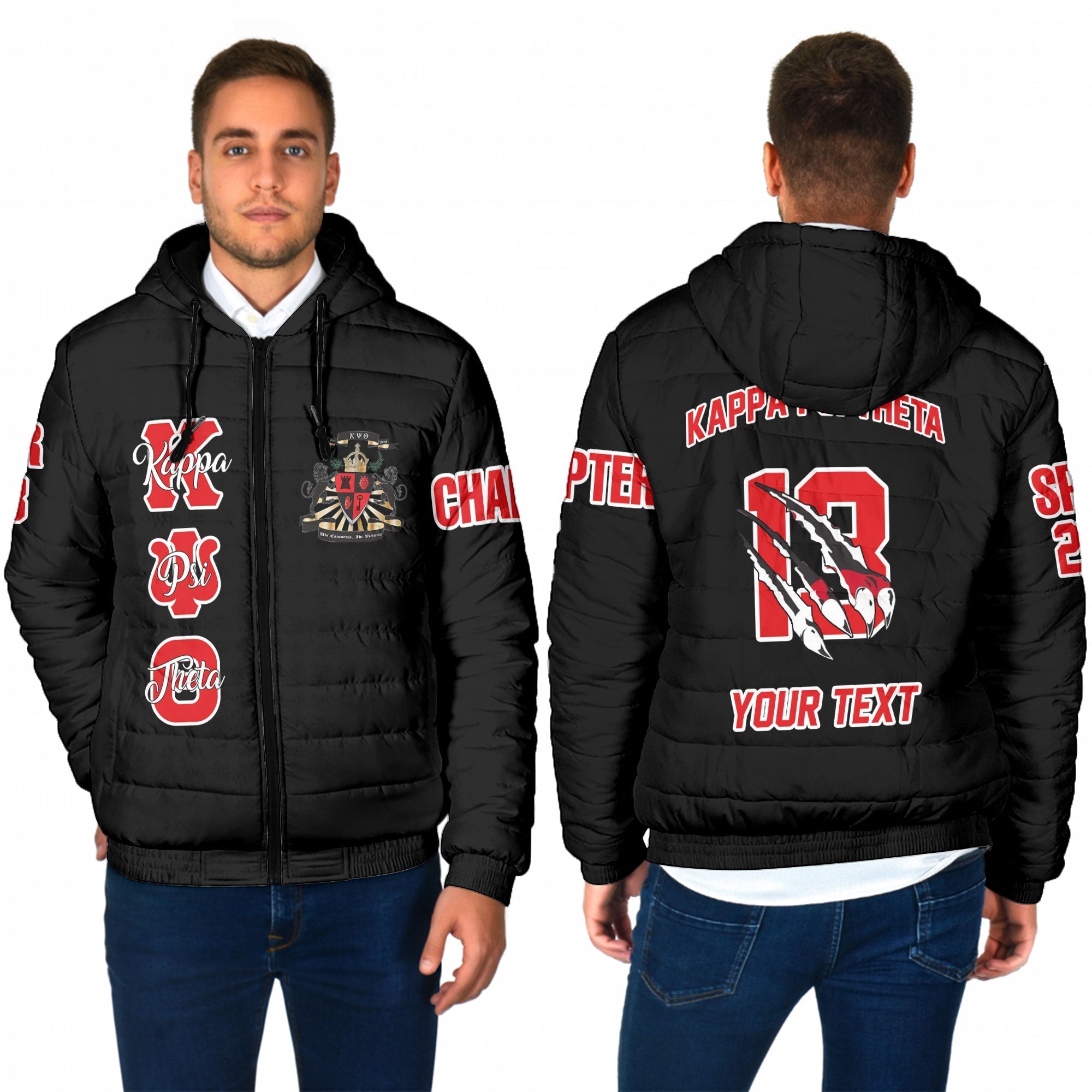 Fraternity Jacket - Personalized Kappa Psi Theta Men Hooded Padded Jacket Original Lion Claws Style