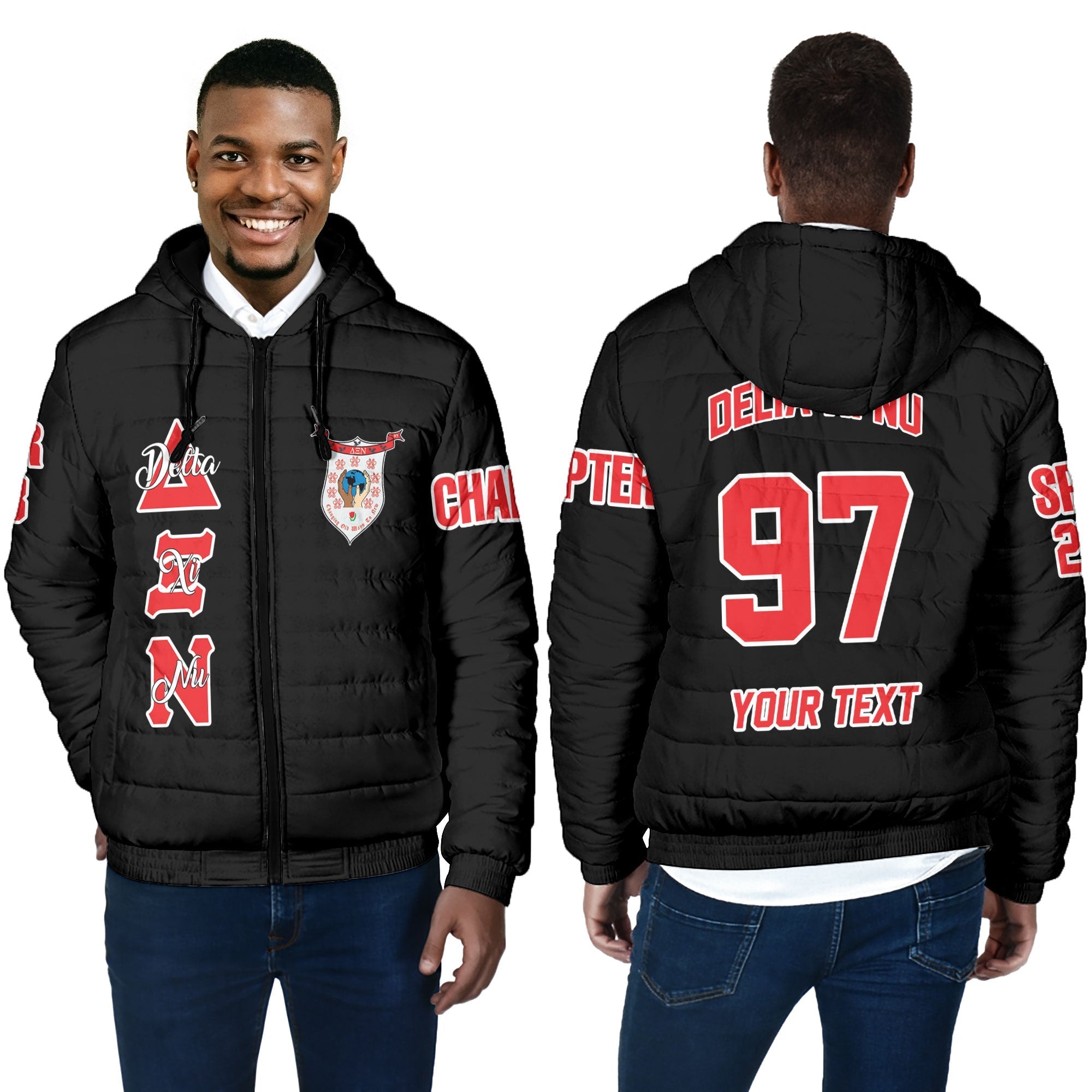 Sorority Jacket - Personalized Delta Xi Nu Men Hooded Padded Jacket Original Dark Style