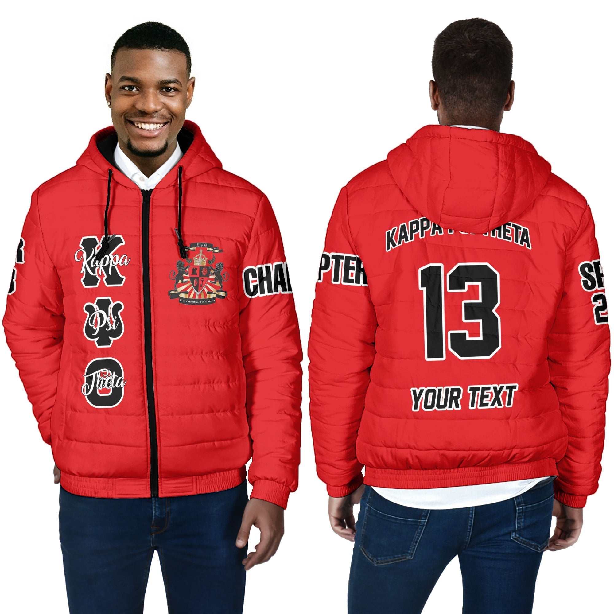Fraternity Jacket - Personalized Kappa Psi Theta Men Hooded Padded Jacket Original Red Style