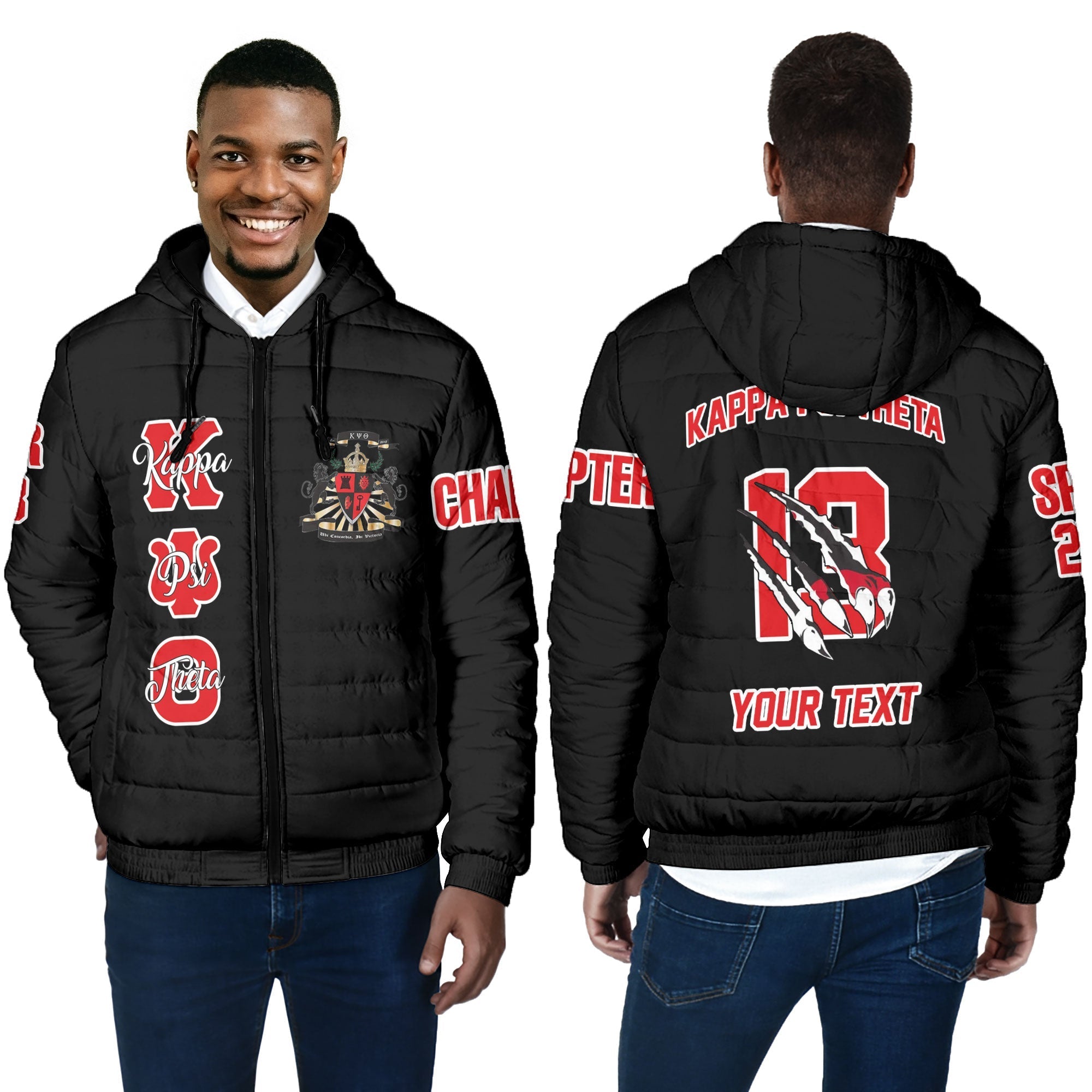 Fraternity Jacket - Personalized Kappa Psi Theta Men Hooded Padded Jacket Original Lion Claws Style