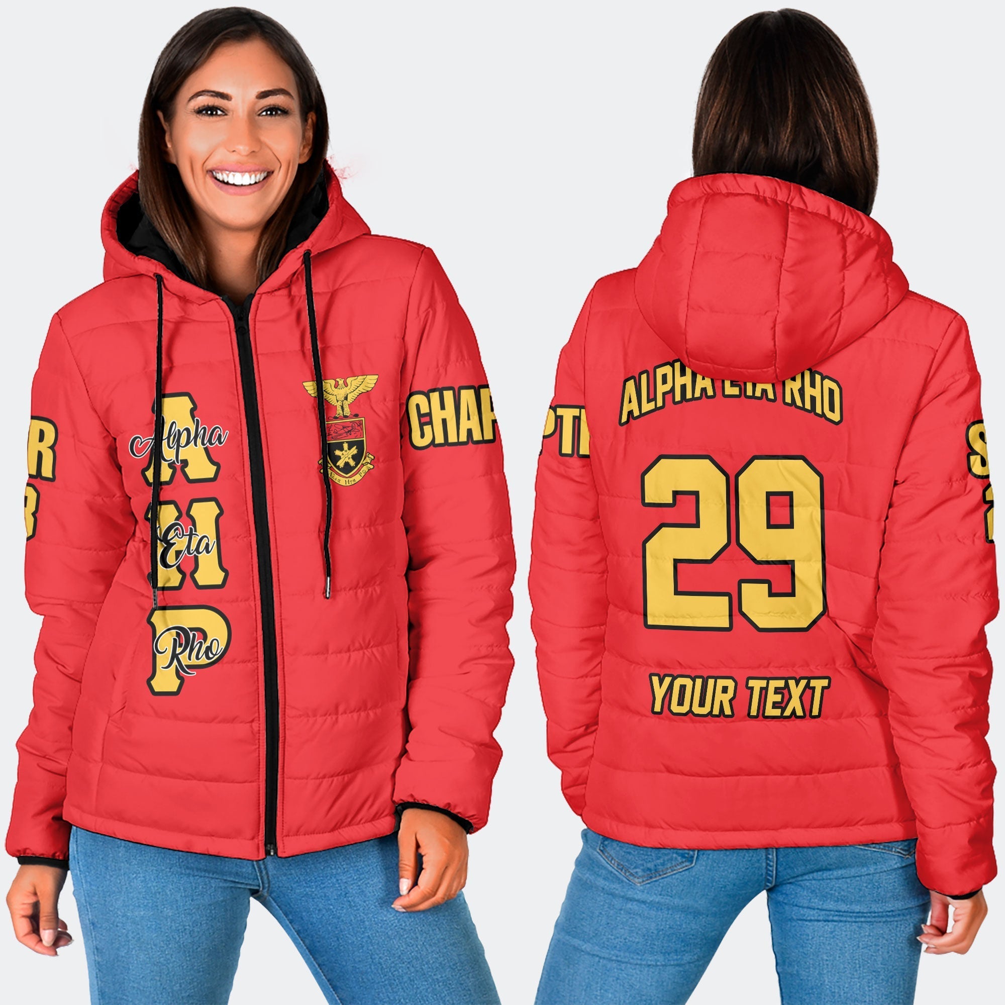 Fraternity Jacket - Personalized Alpha Eta Rho Women Hooded Padded Jacket Original Red Style