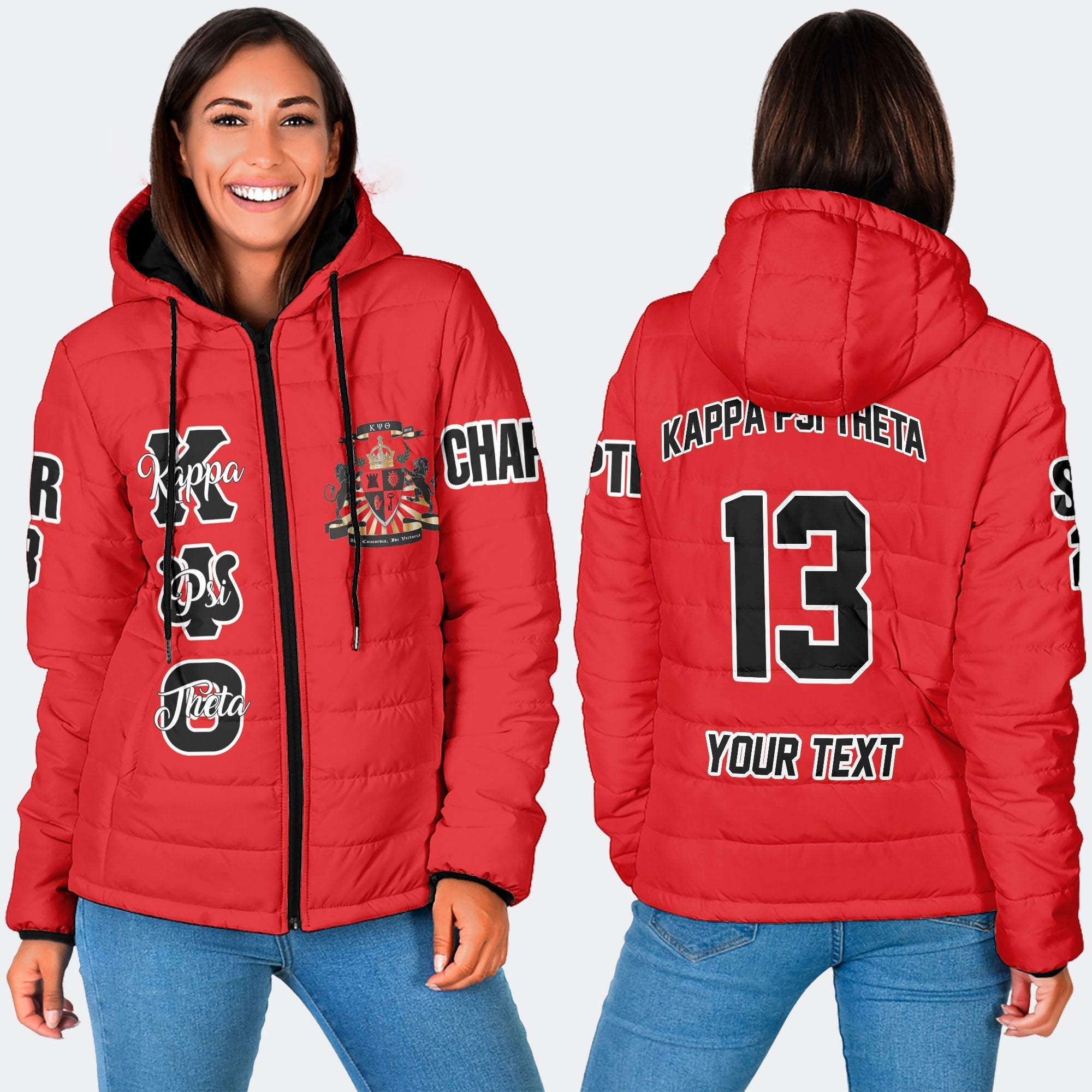 Fraternity Jacket - Personalized Kappa Psi Theta Women Hooded Padded Jacket Original Red Style