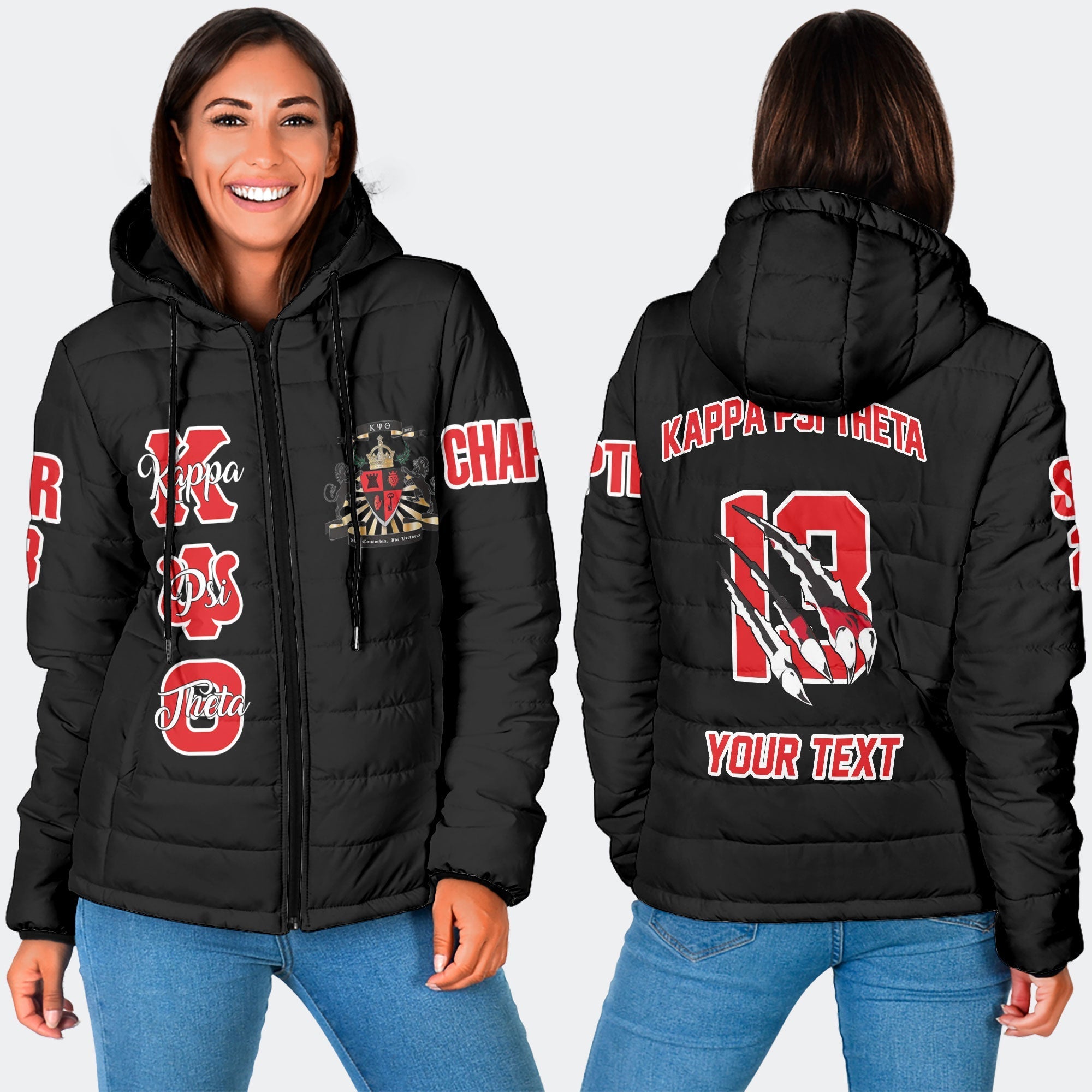 Fraternity Jacket - Personalized Kappa Psi Theta Women Hooded Padded Jacket Original Lion Claws Style