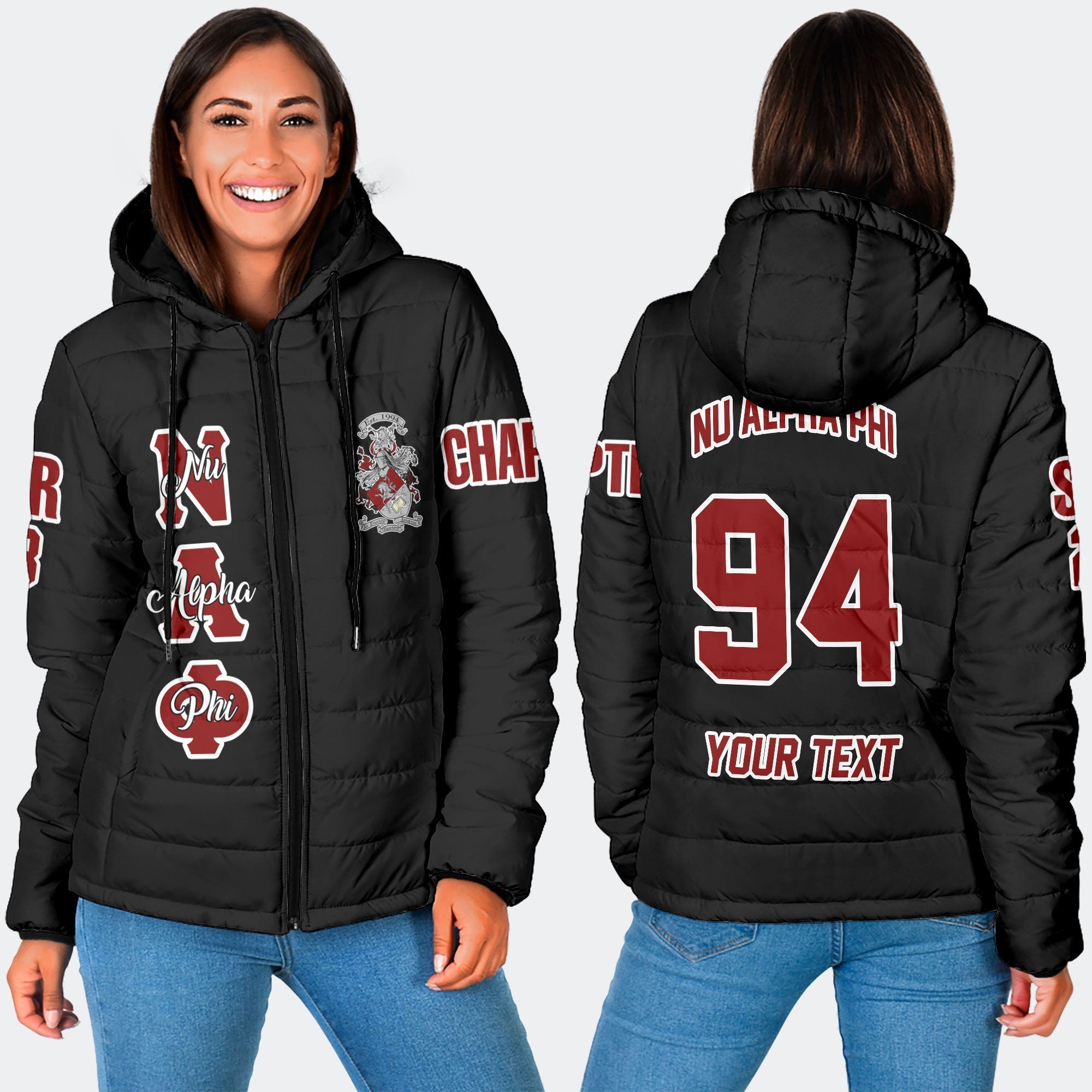 Fraternity Jacket - Personalized Nu Alpha Phi Women Hooded Padded Jacket Original Dark Style