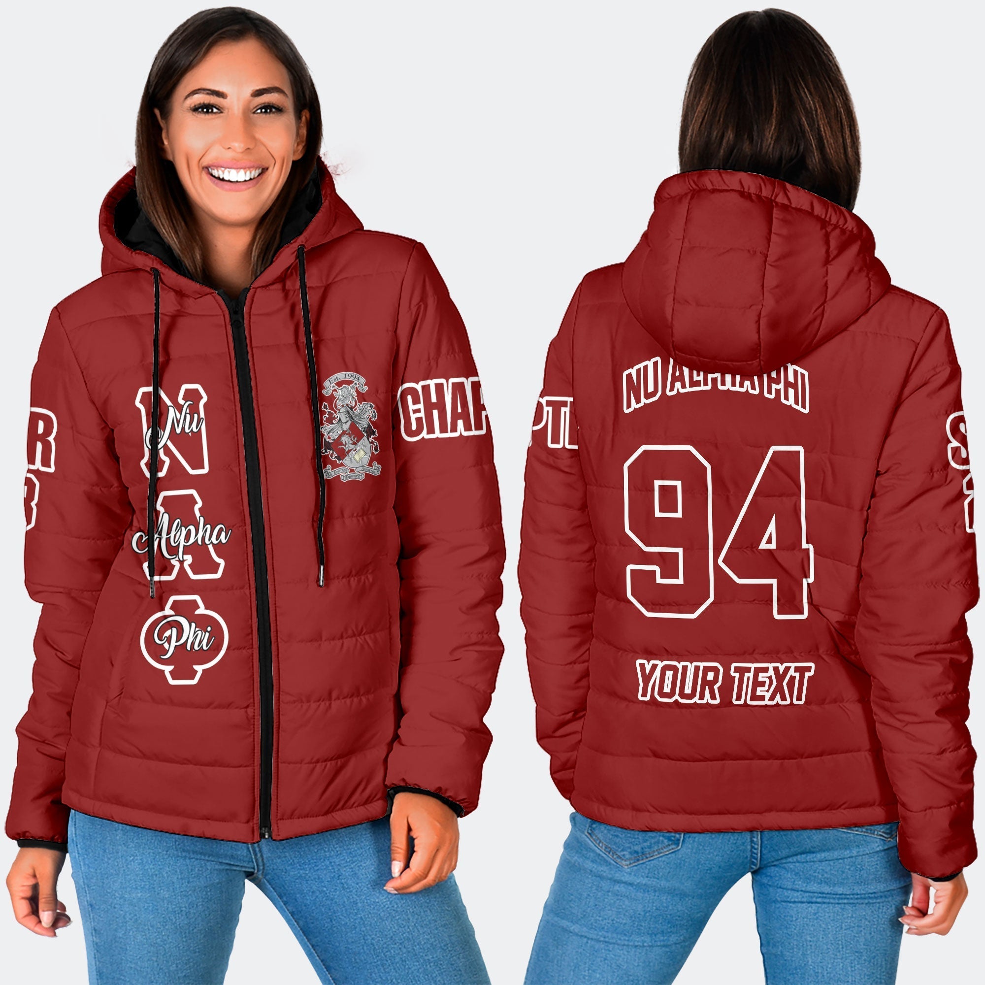 Fraternity Jacket - Personalized Nu Alpha Phi Women Hooded Padded Jacket Original Maroon Style