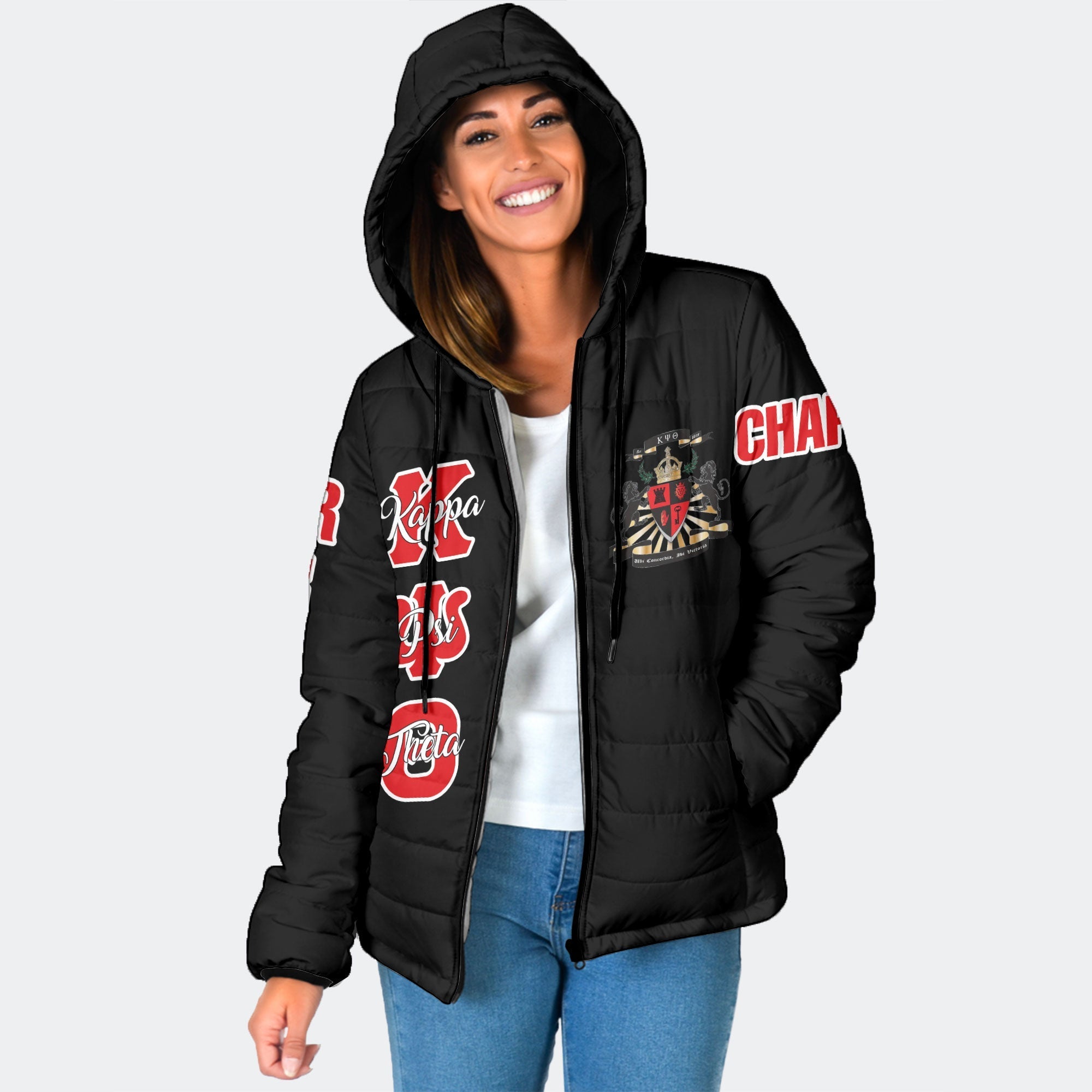 Fraternity Jacket - Personalized Kappa Psi Theta Women Hooded Padded Jacket Original Dark Style