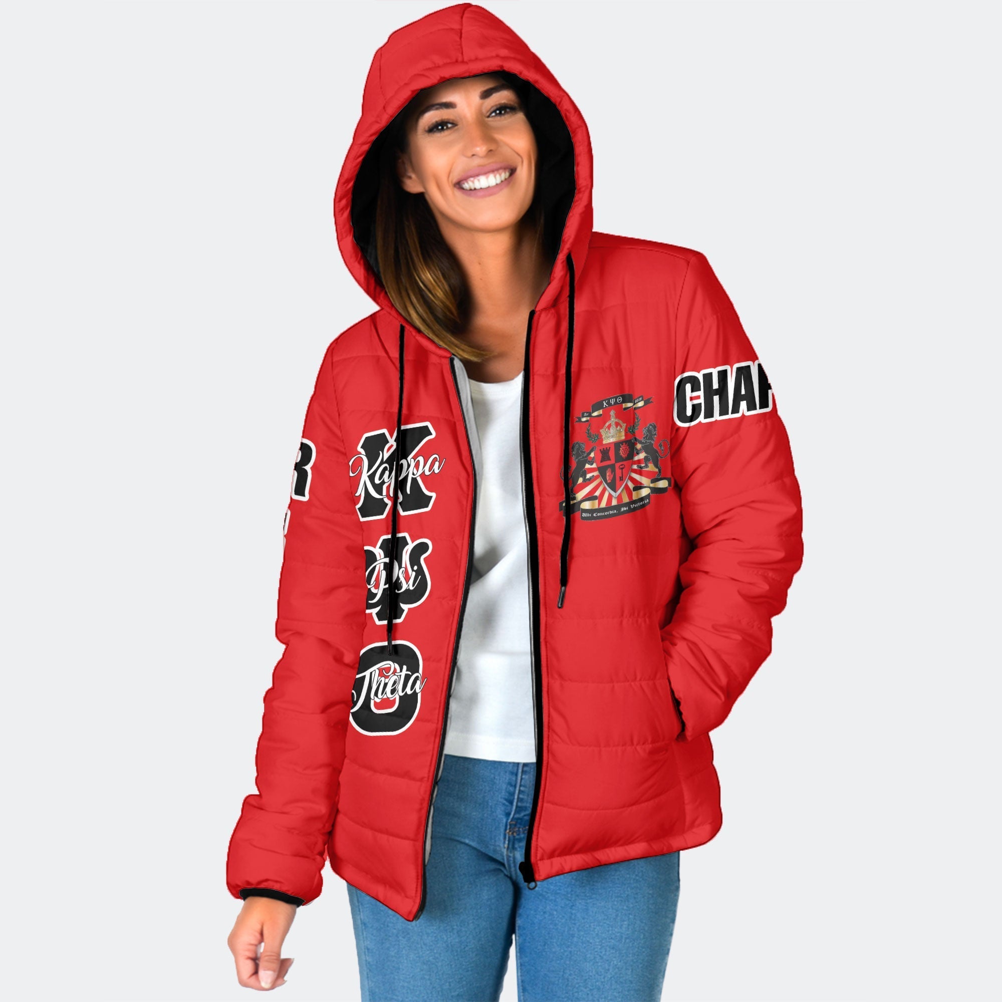 Fraternity Jacket - Personalized Kappa Psi Theta Women Hooded Padded Jacket Original Red Style