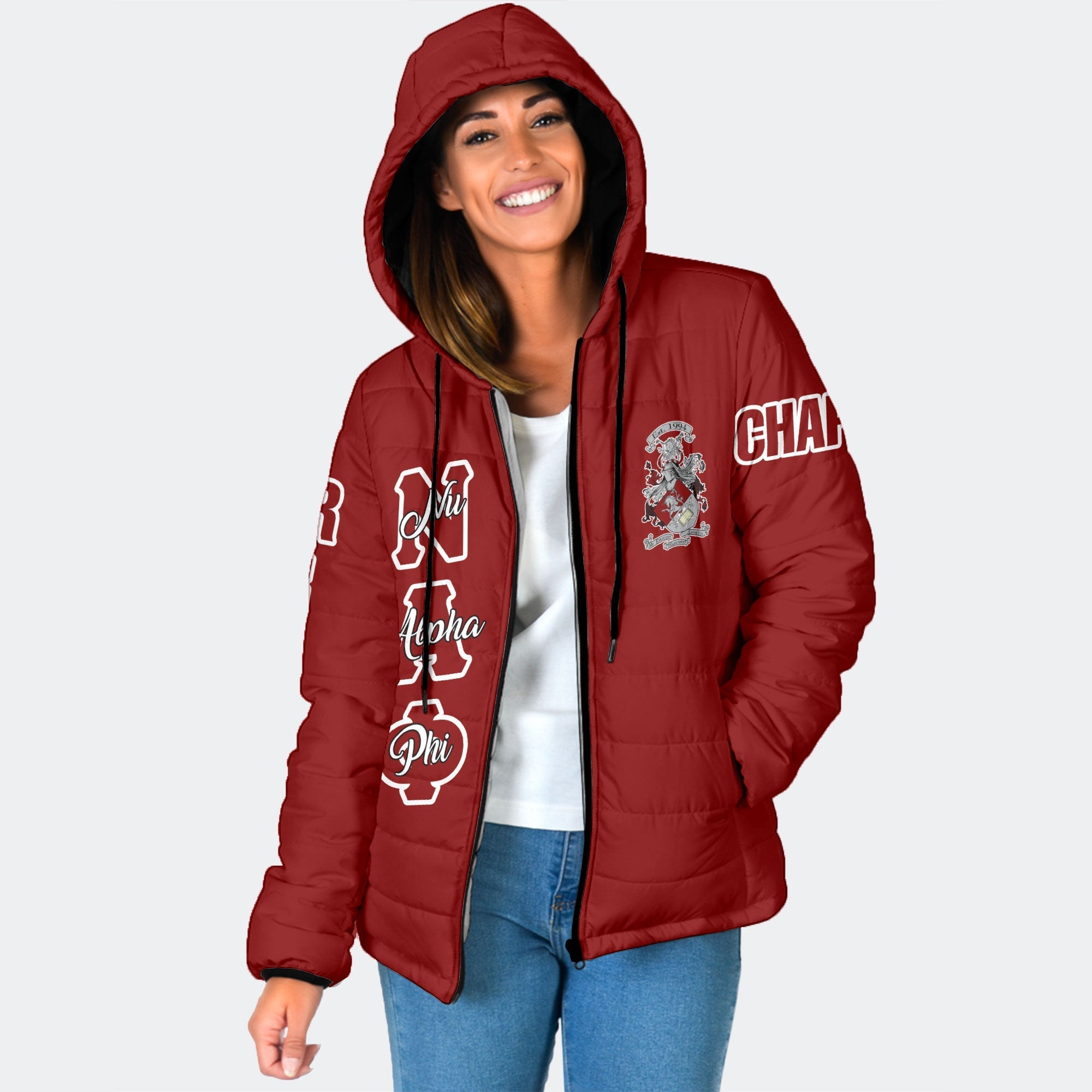 Fraternity Jacket - Personalized Nu Alpha Phi Women Hooded Padded Jacket Original Maroon Style