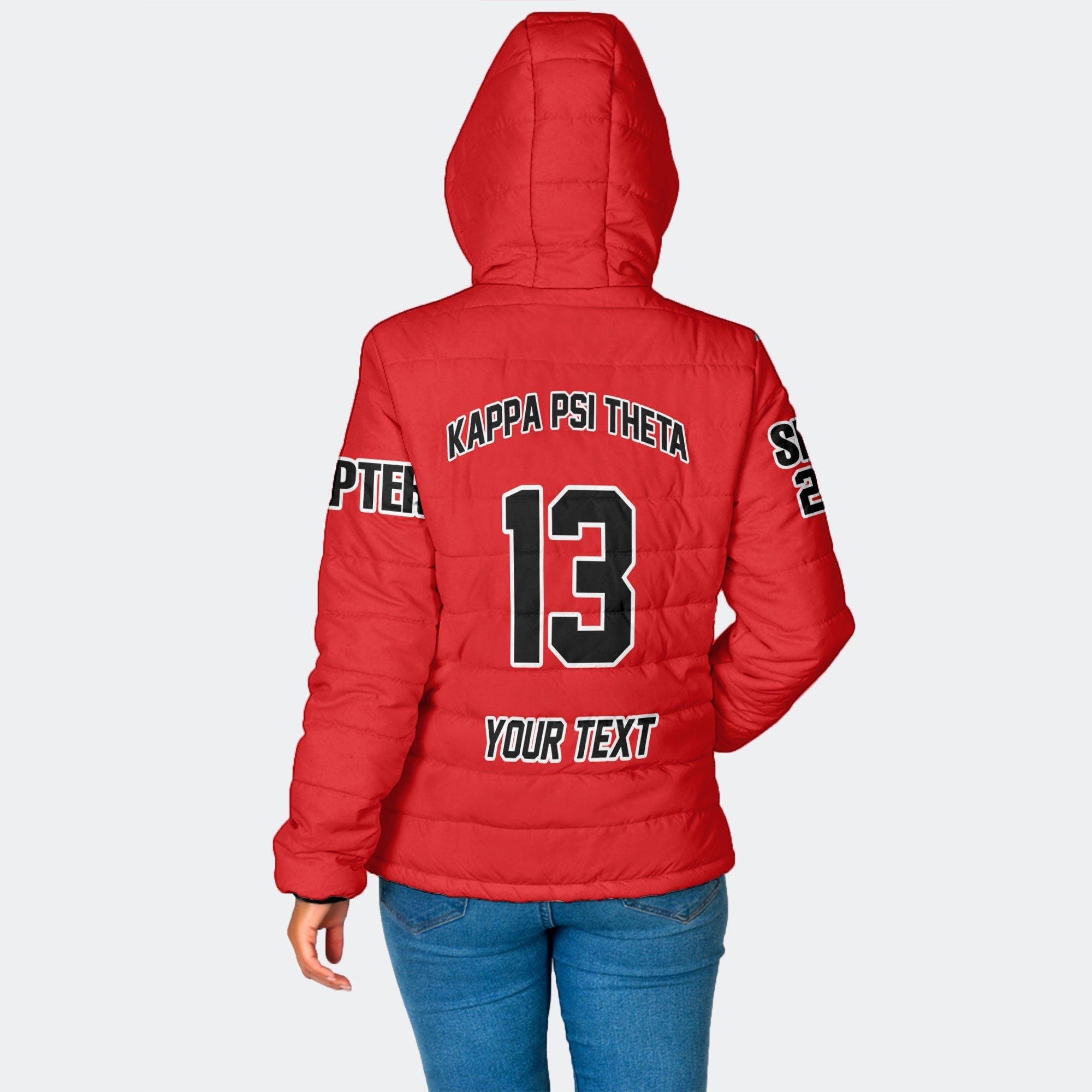 Fraternity Jacket - Personalized Kappa Psi Theta Women Hooded Padded Jacket Original Red Style