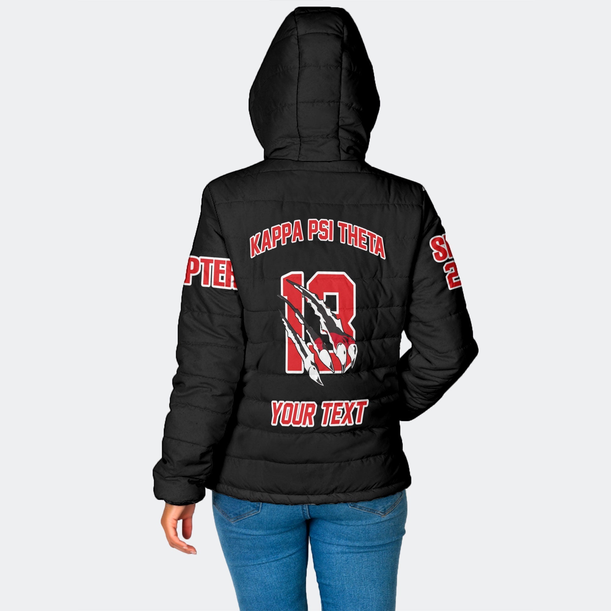 Fraternity Jacket - Personalized Kappa Psi Theta Women Hooded Padded Jacket Original Lion Claws Style
