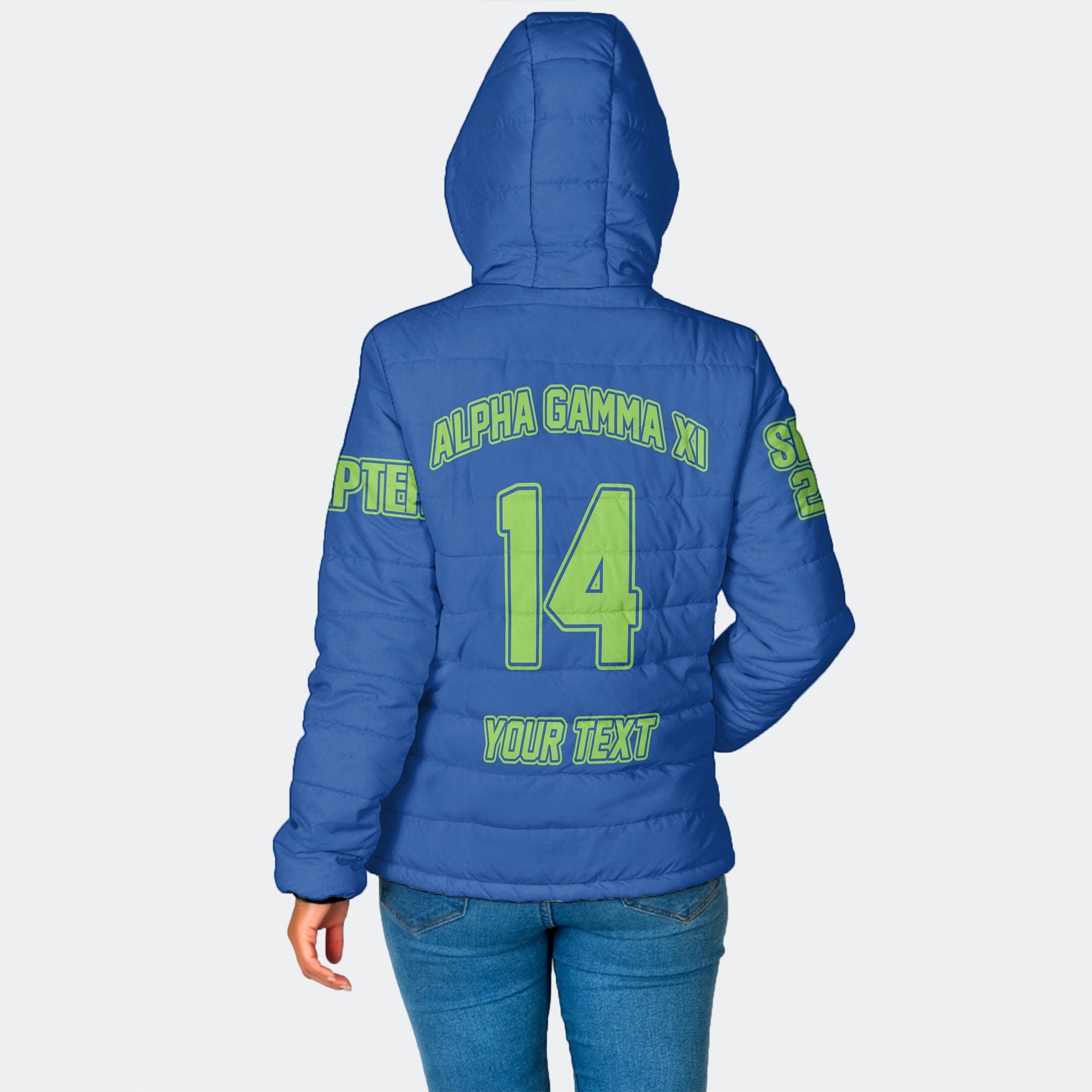 Sorority Jacket - Personalized Alpha Gamma Xi Women Hooded Padded Jacket Original Blue Style