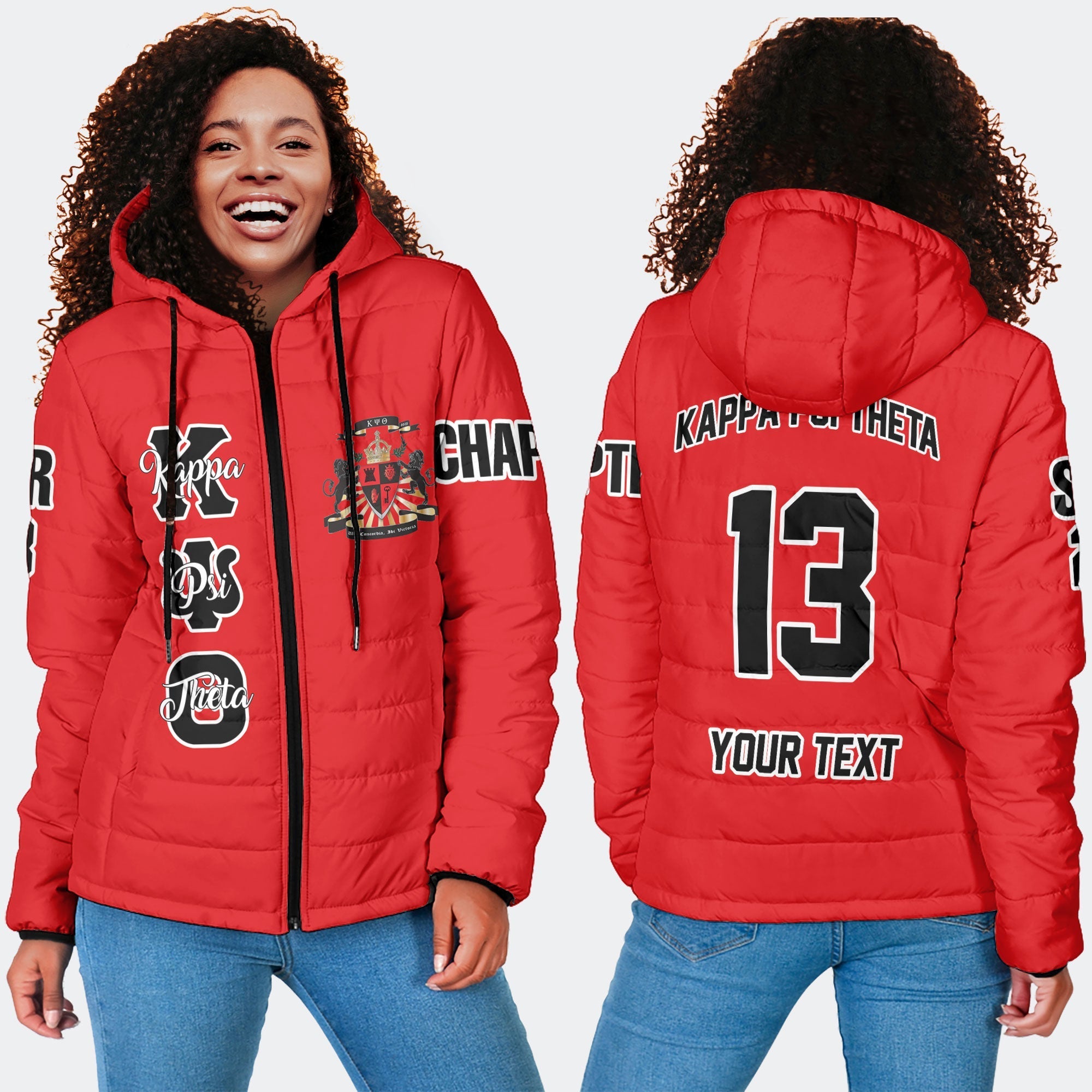 Fraternity Jacket - Personalized Kappa Psi Theta Women Hooded Padded Jacket Original Red Style
