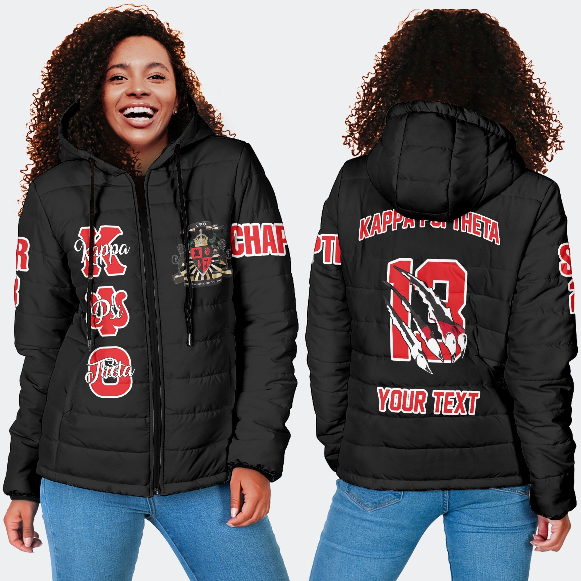 Fraternity Jacket - Personalized Kappa Psi Theta Women Hooded Padded Jacket Original Lion Claws Style