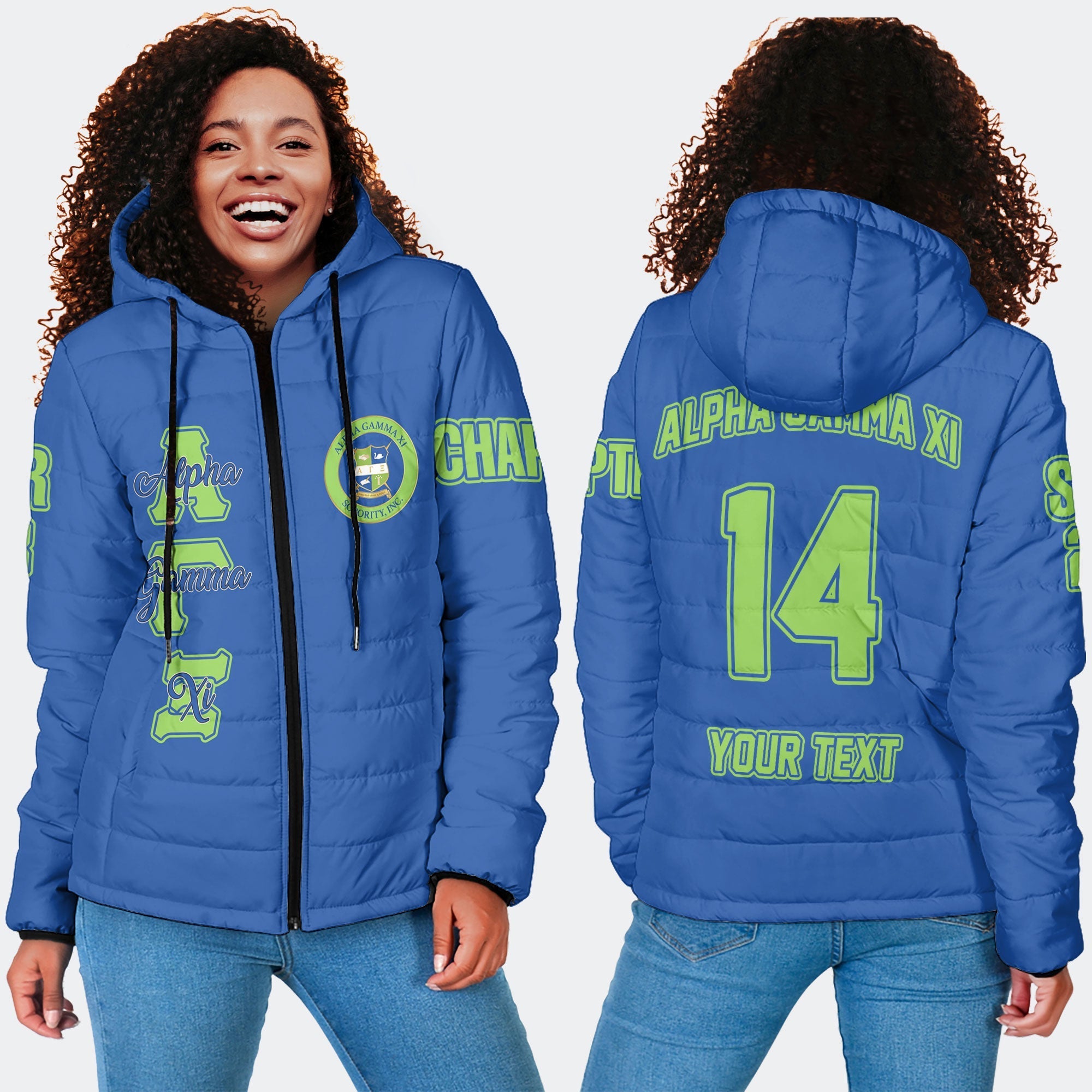 Sorority Jacket - Personalized Alpha Gamma Xi Women Hooded Padded Jacket Original Blue Style