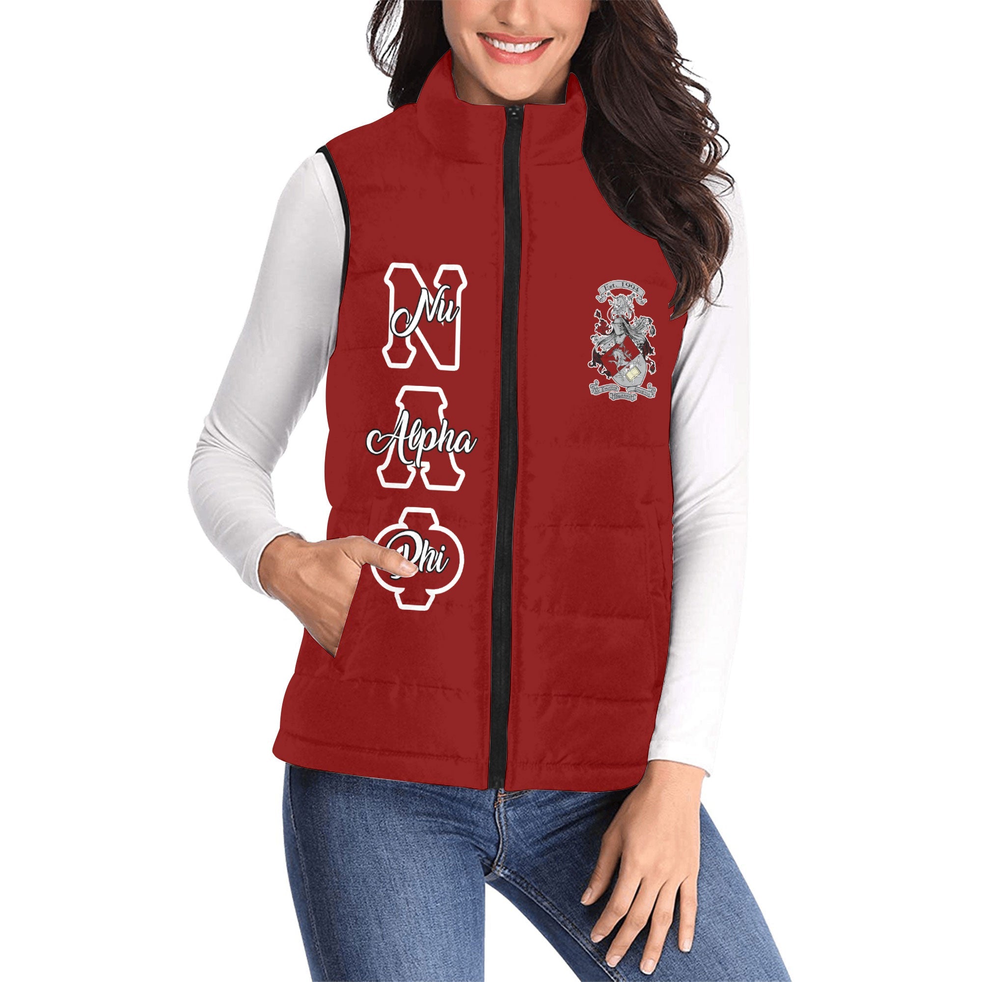 Fraternity Jacket - Personalized Nu Alpha Phi Women Padded Jacket Vest Original Maroon Style