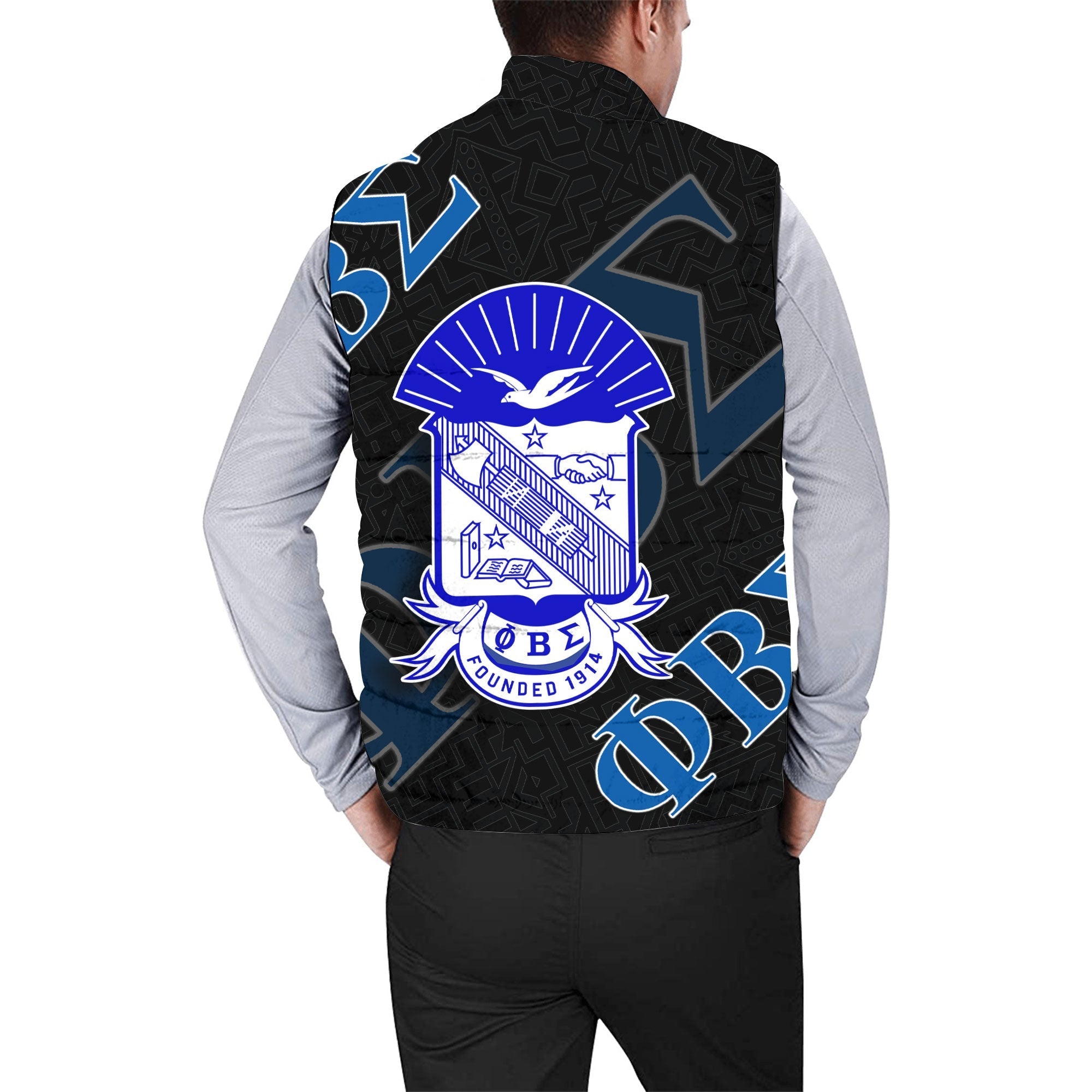 Fraternity Padded Jacket Vest - Phi Beta Sigma Men Padded Jacket Vest 1914 Symbol Black Style - LH1