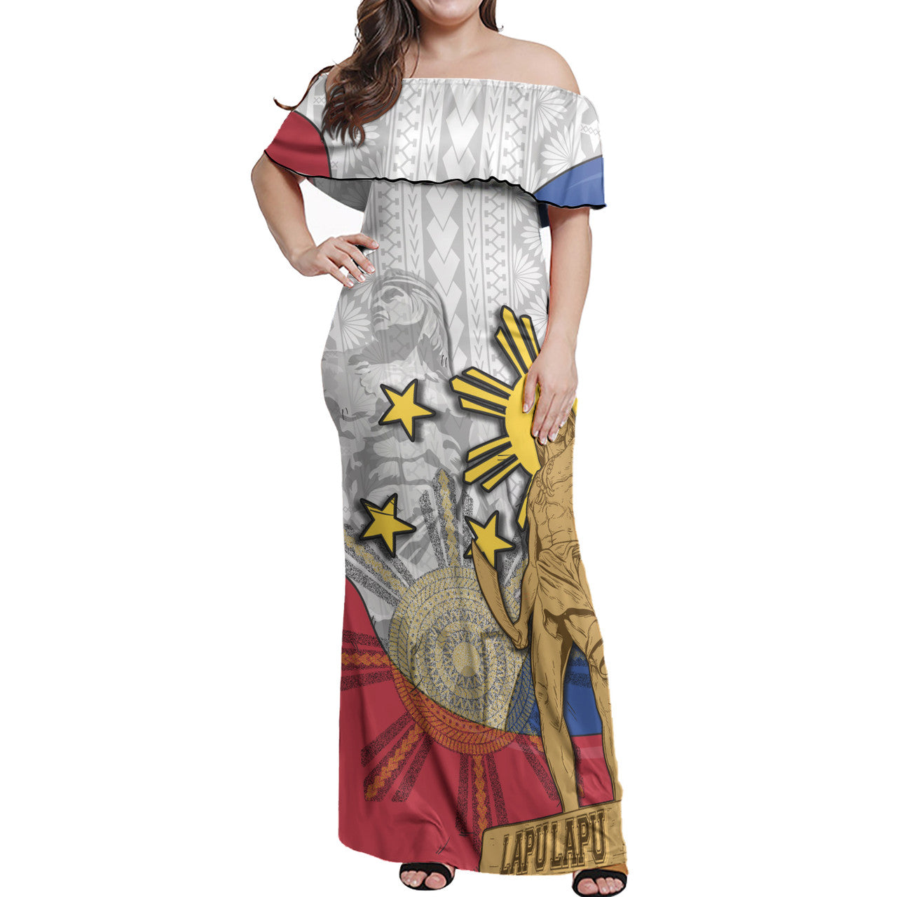 Philippines Filipinos Lapu Lapu Heroes With Sun And Flag Tribal Patterns Women Off Shoulder Long Dress
