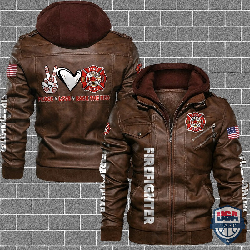 Firefighter Peace Love Back The Red US Flag Leather Jacket - USALast
