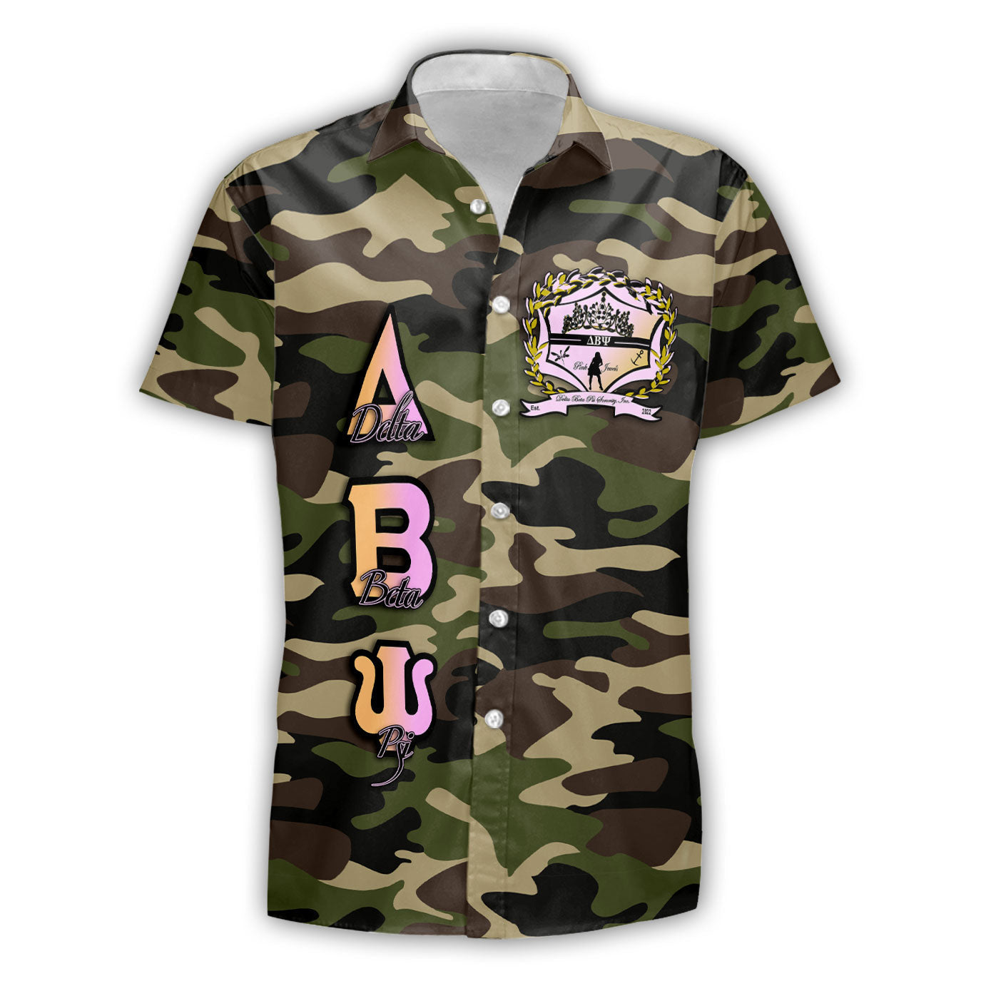 Sorority Shirt - Delta Beta Psi Short Sleeve Shirt Camo Crest Style
