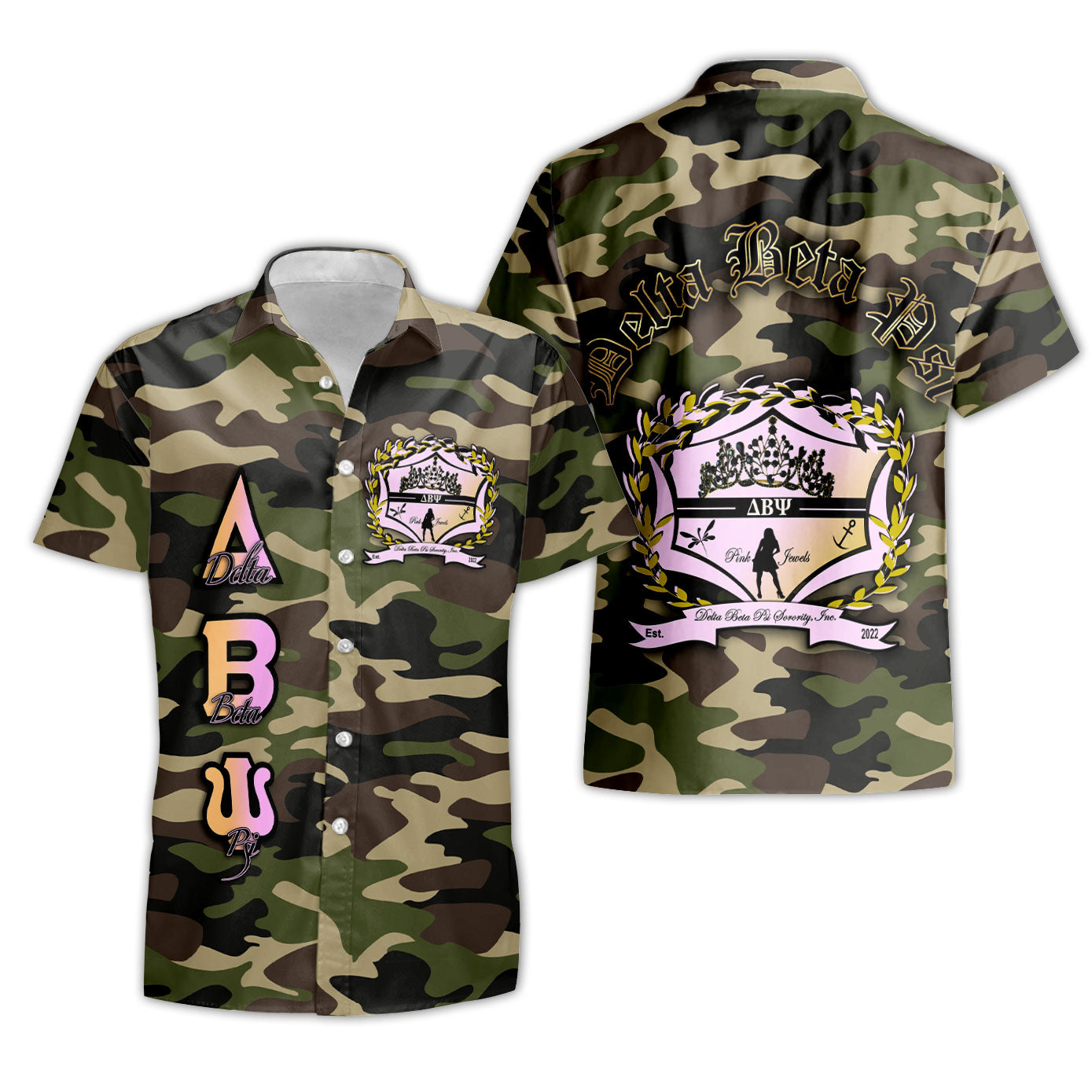 Sorority Shirt - Delta Beta Psi Short Sleeve Shirt Camo Crest Style
