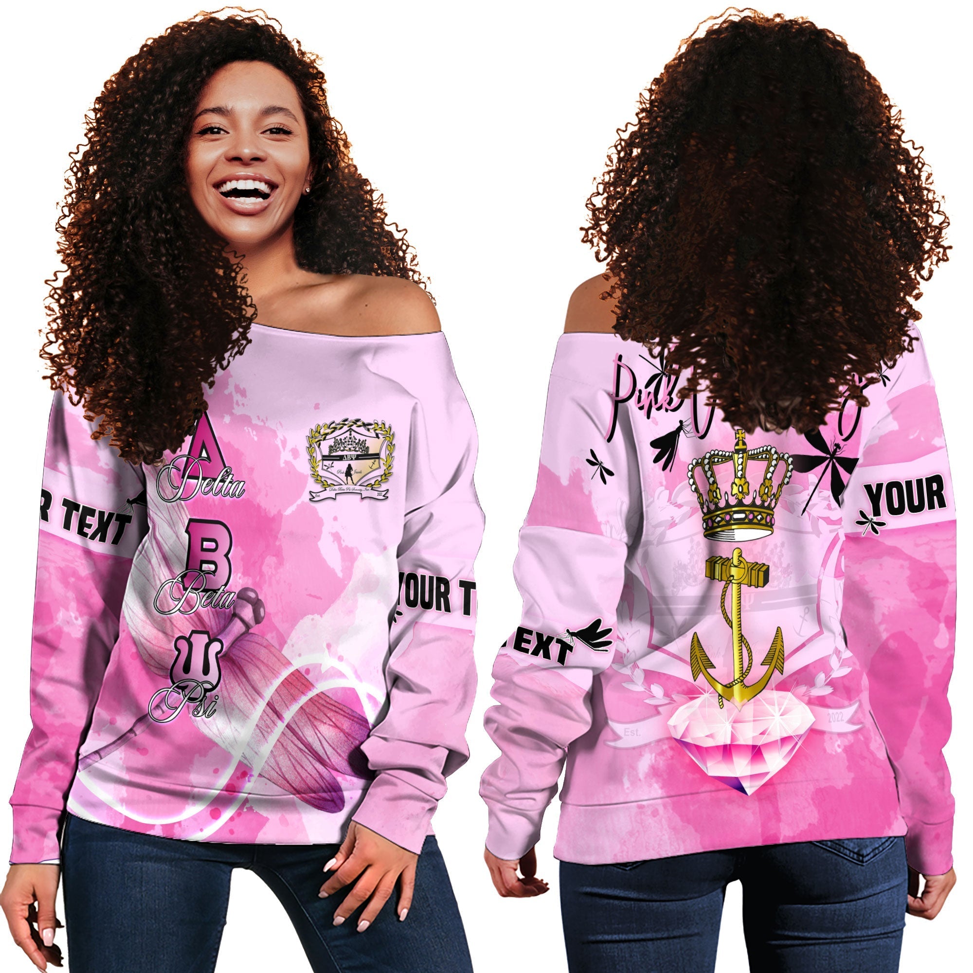 Sorority Sweatshirt - Personalized Delta Beta Psi Women Off Shoulder Sweatshirt Pink Dragonfly Style