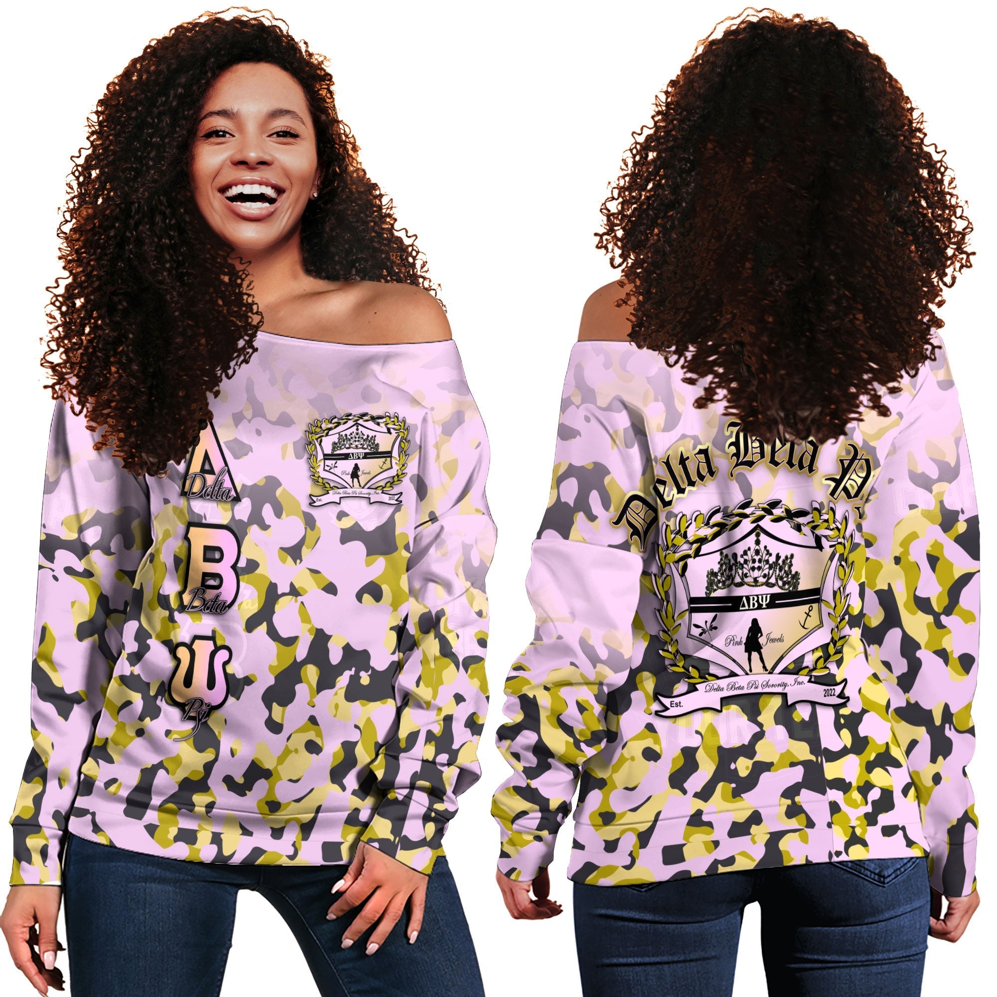 Sorority Sweatshirt - Delta Beta Psi Women Off Shoulder Sweatshirt Camouflage Style
