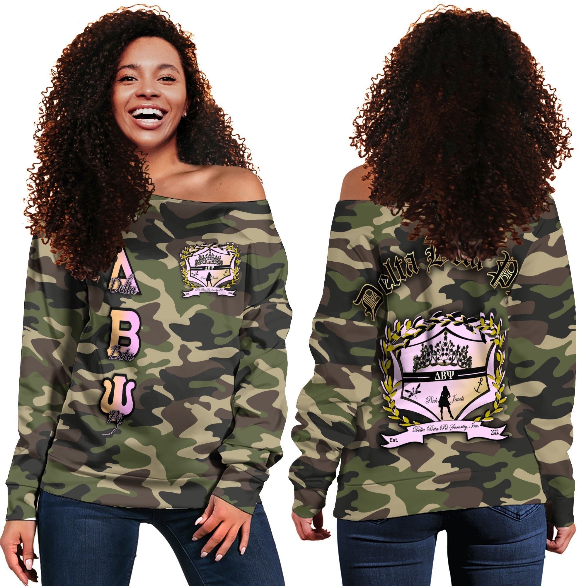 Sorority Sweatshirt - Delta Beta Psi Women Off Shoulder Sweatshirt Camo Crest Style