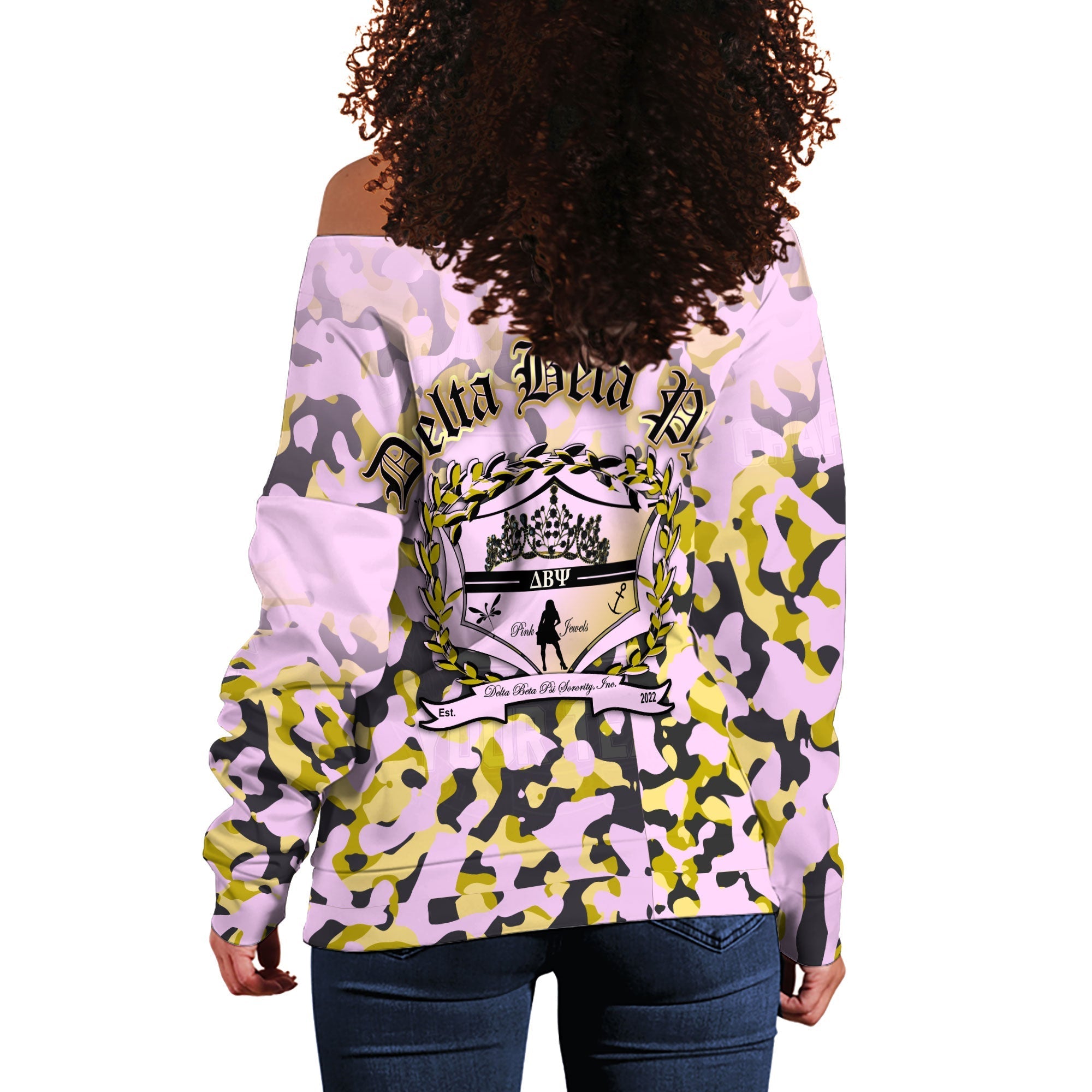 Sorority Sweatshirt - Delta Beta Psi Women Off Shoulder Sweatshirt Camouflage Style