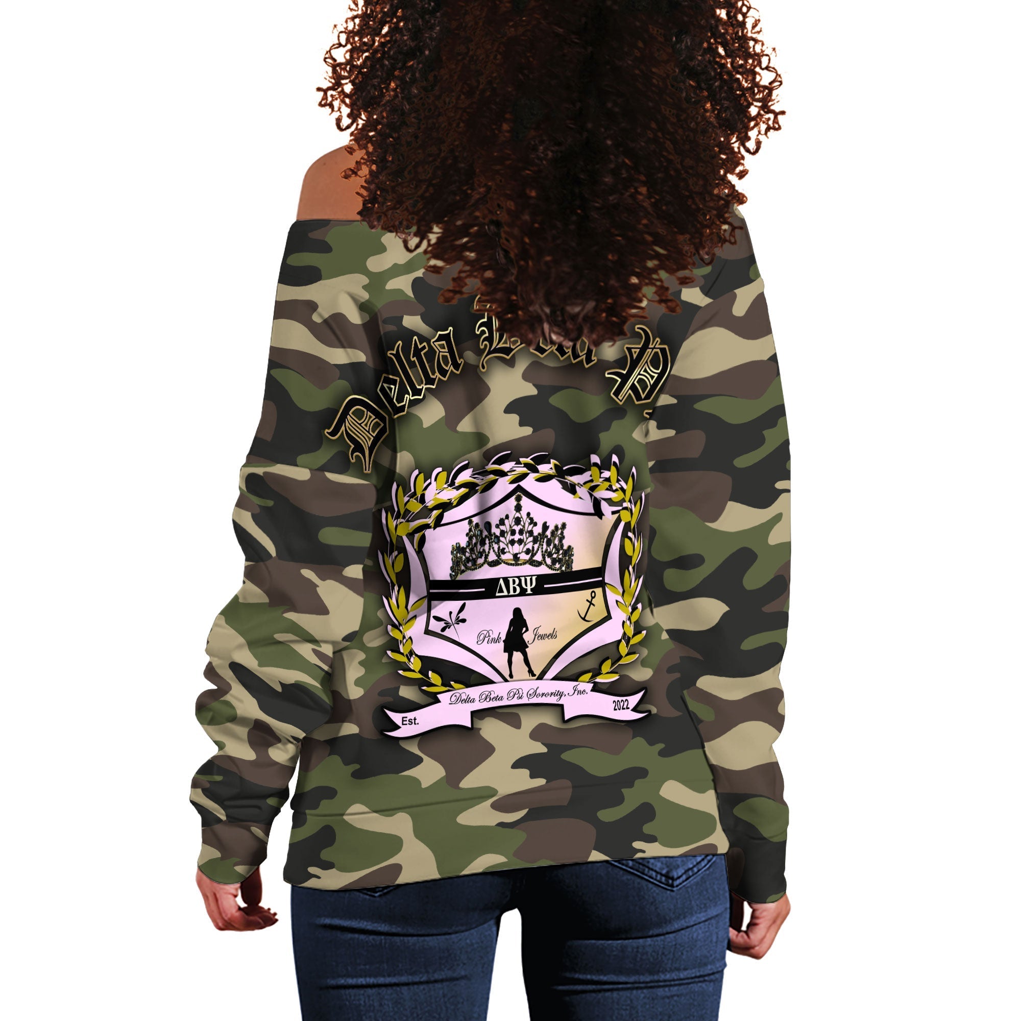 Sorority Sweatshirt - Delta Beta Psi Women Off Shoulder Sweatshirt Camo Crest Style