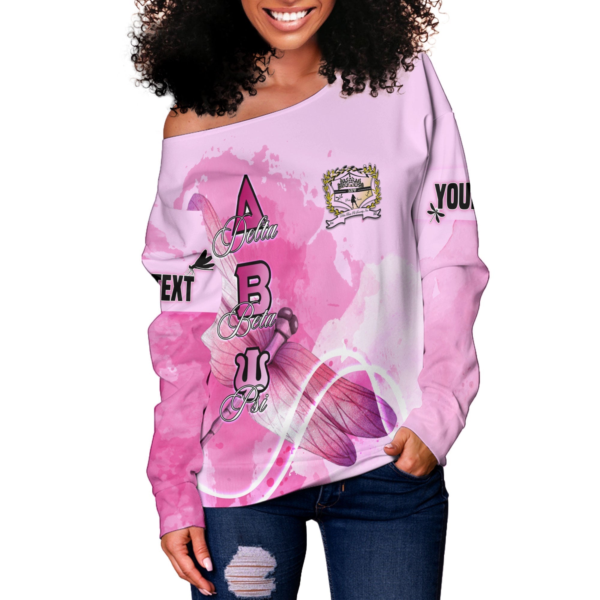 Sorority Sweatshirt - Personalized Delta Beta Psi Women Off Shoulder Sweatshirt Pink Dragonfly Style